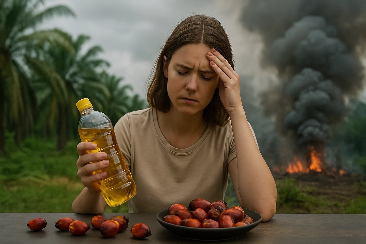 Žena so zmiešanými pocitmi ohľadom palmového oleja a jeho škodlivých účinkov.