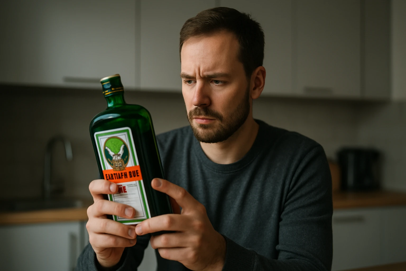 Muž skúma fľašu Jägermeistera v kuchyni