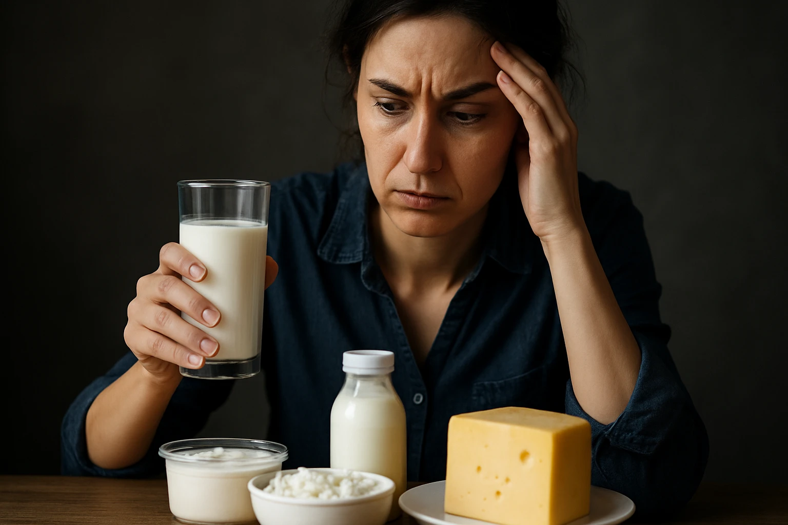 Žena s mliekom a syrom, znepokojená svojím zdravotným stavom.