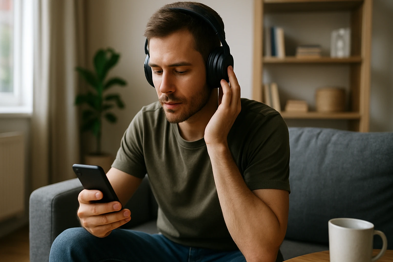 Mladý muž počúva hudbu na Spotify cez slúchadlá na pohovke.