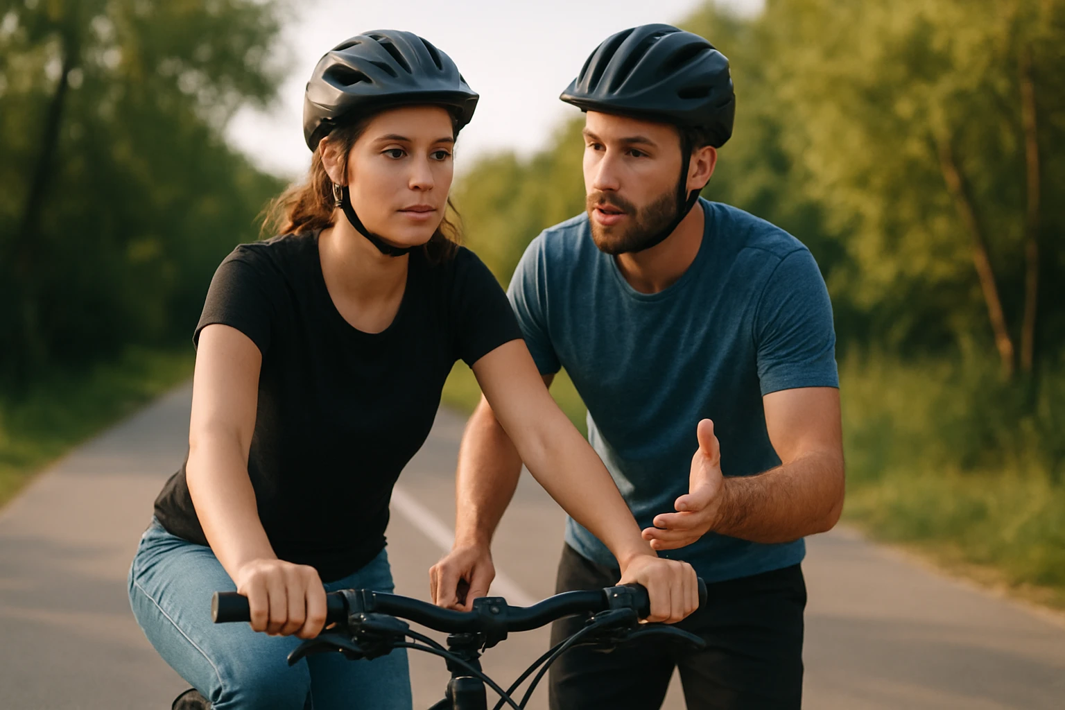 Začiatočníci pri učení sa jazdiť na bicykli s inštruktorom.