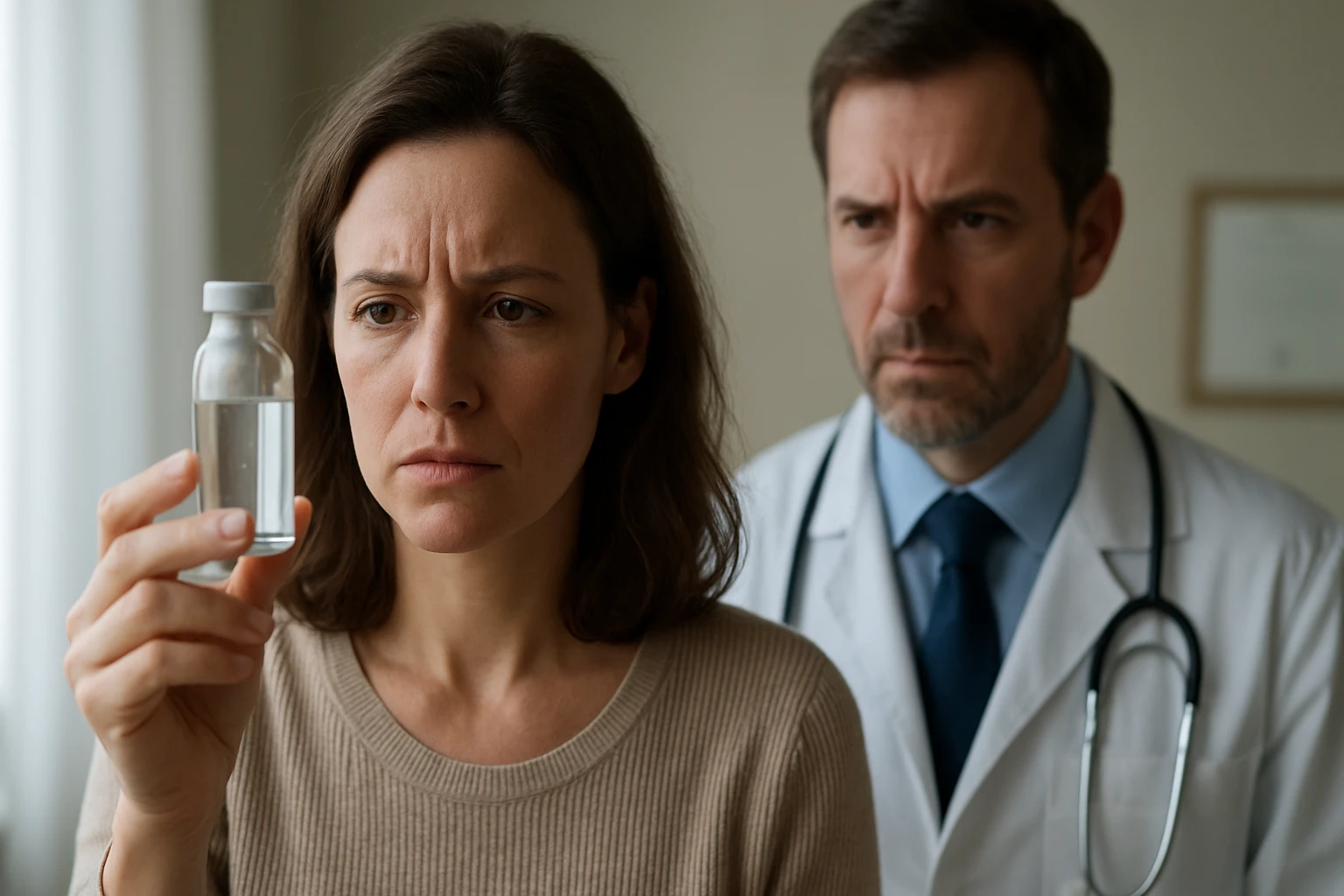 Žena skúma fľaštičku so strieborným koloidom s obavami, lekár ju sleduje.