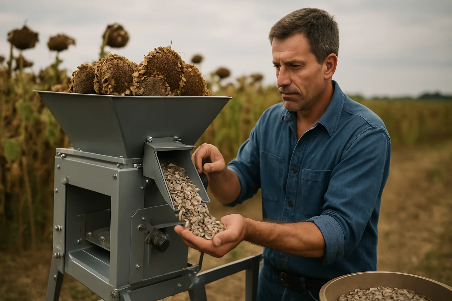 Farmár s moderným strojom na lúpanie slnečnicových semien.