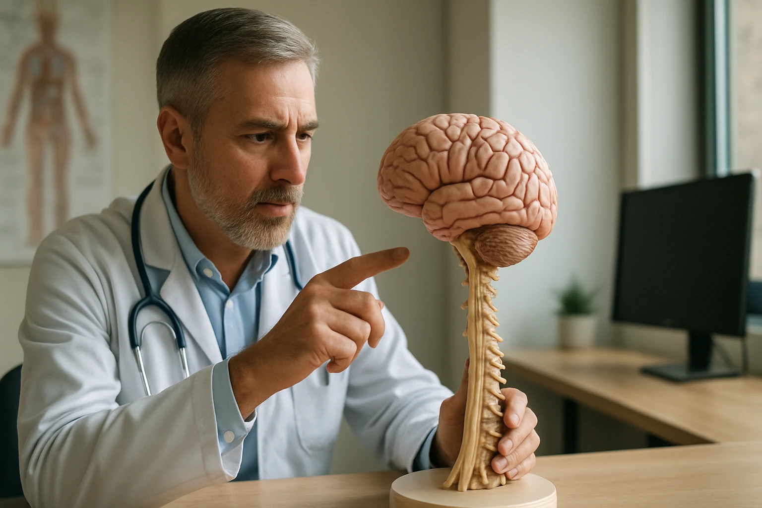 Lekár ukazuje model mozgu a miechy