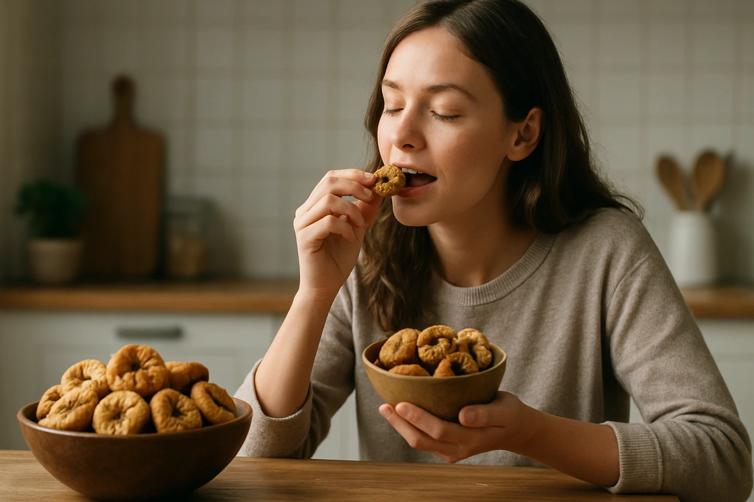 Žena vychutnáva sušené fígy ako zdravé občerstvenie.