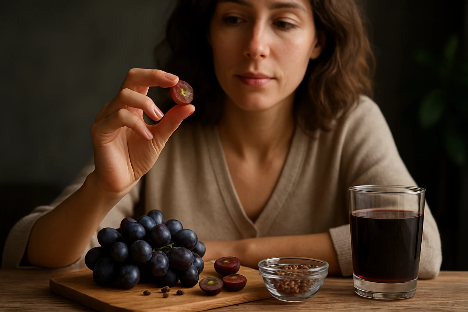Žena skúma modré hrozno a jeho jadra ako zdroj prírodných antioxidantov.