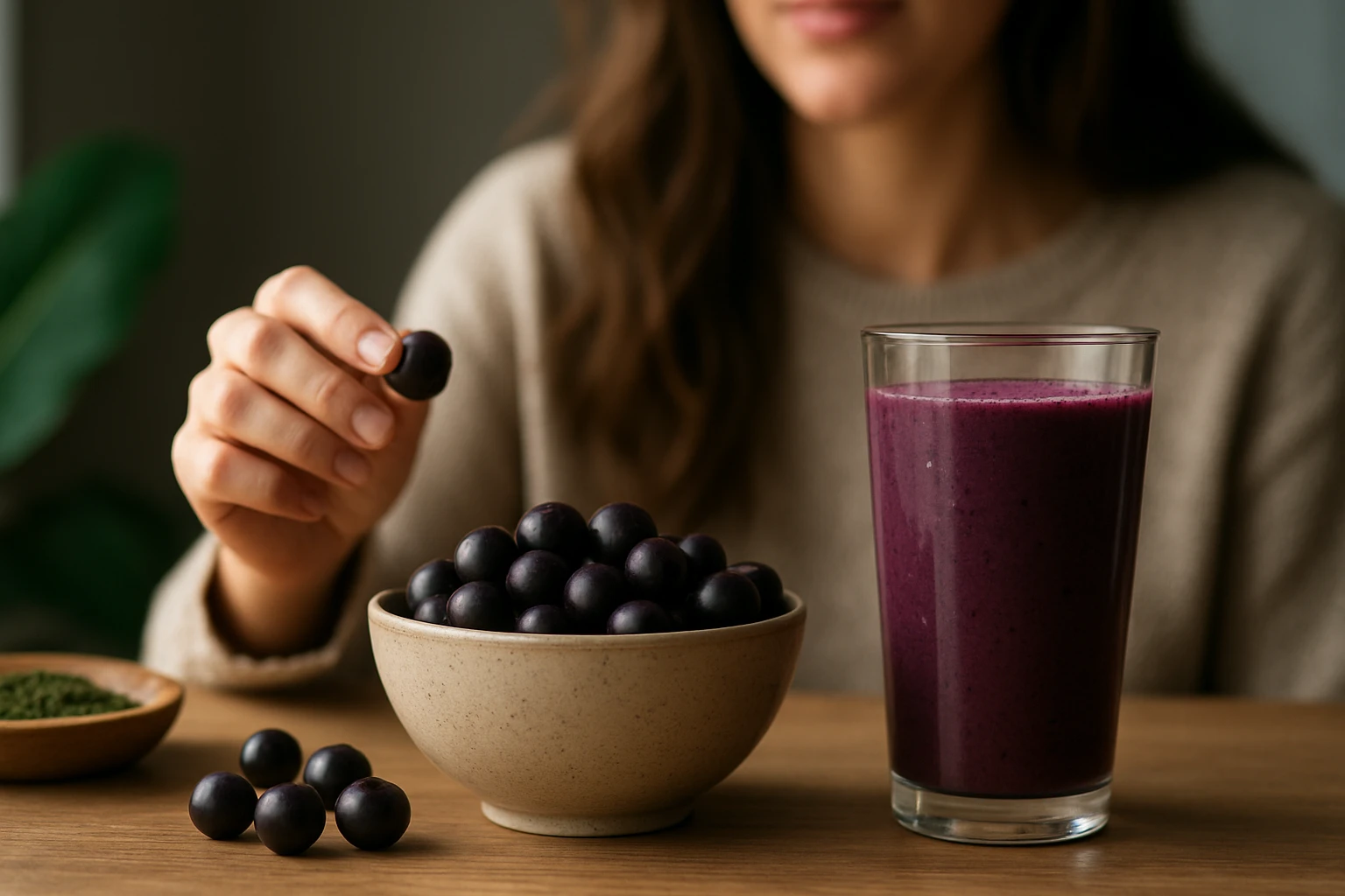 Osoba si vychutnáva acai bobule a smoothie na drevenom stole.