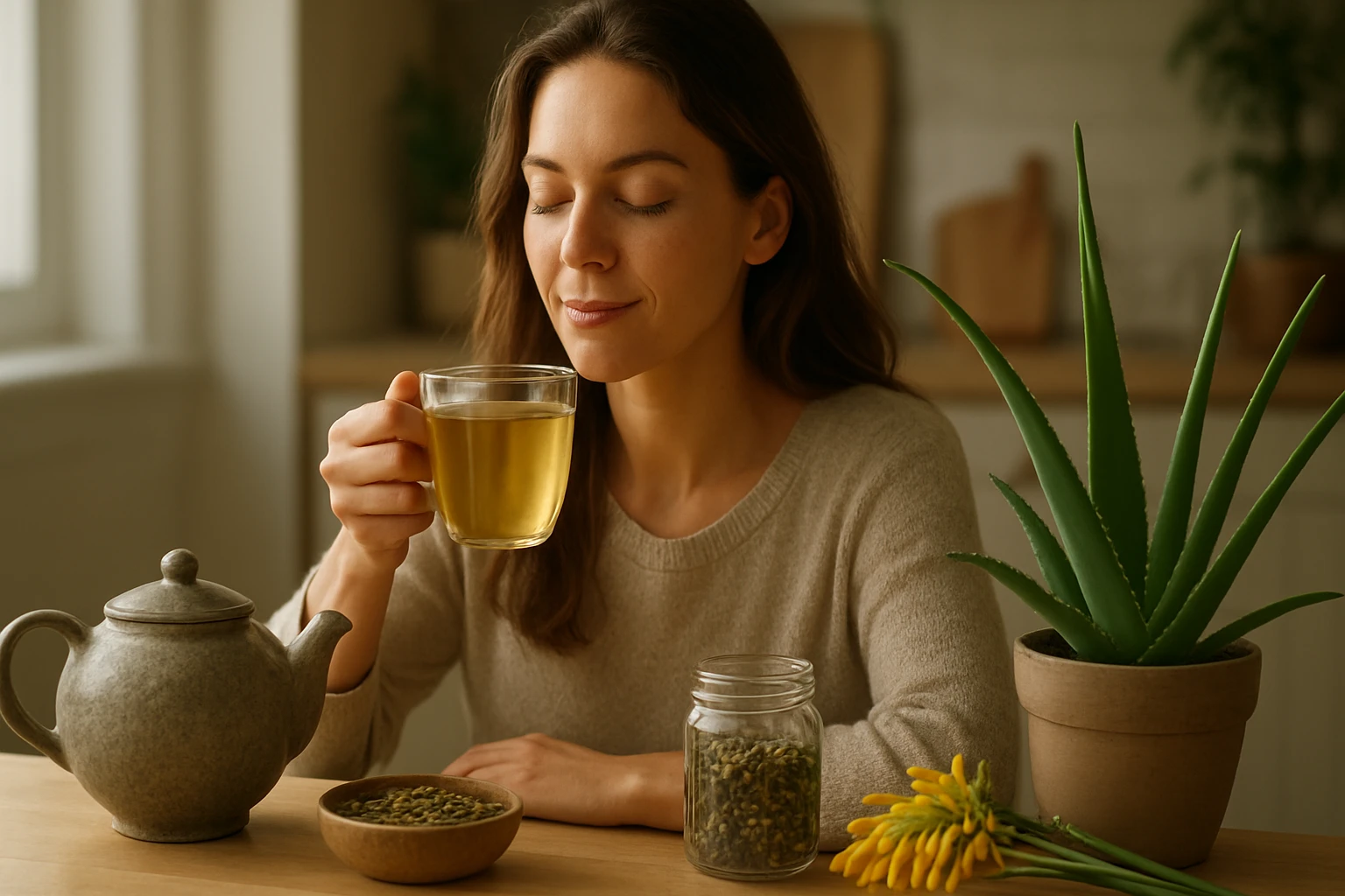 Žena vychutnáva bylinkový čaj z aloe v štýlovej kuchyni.