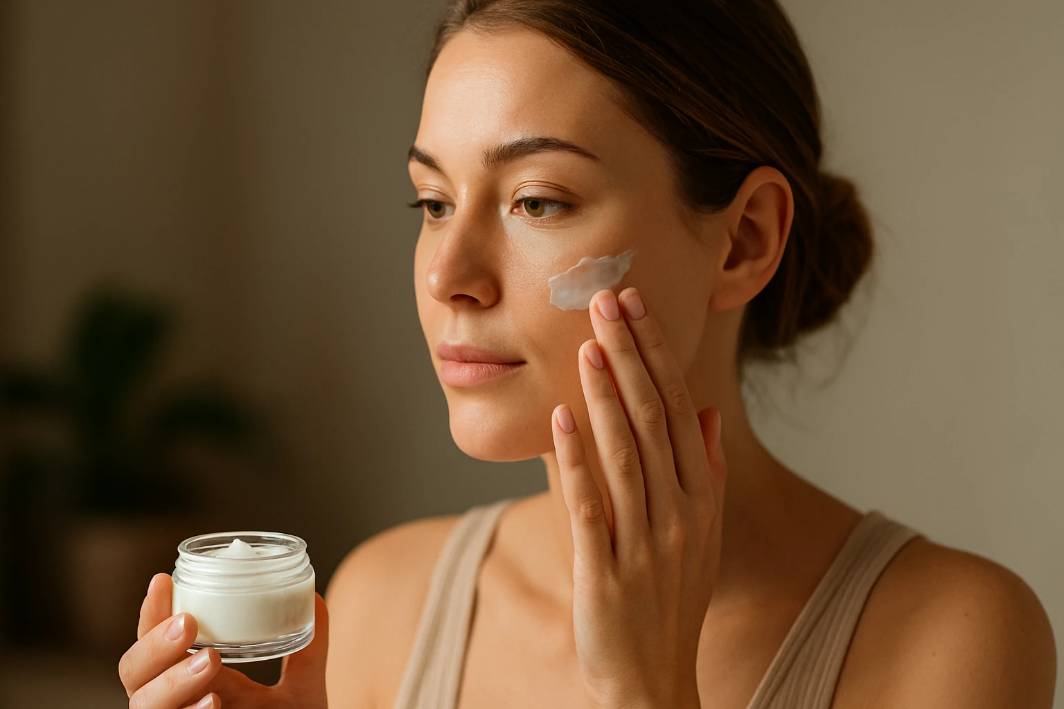 Žena nanášajúca krém na pleť s pohárom v ruke.