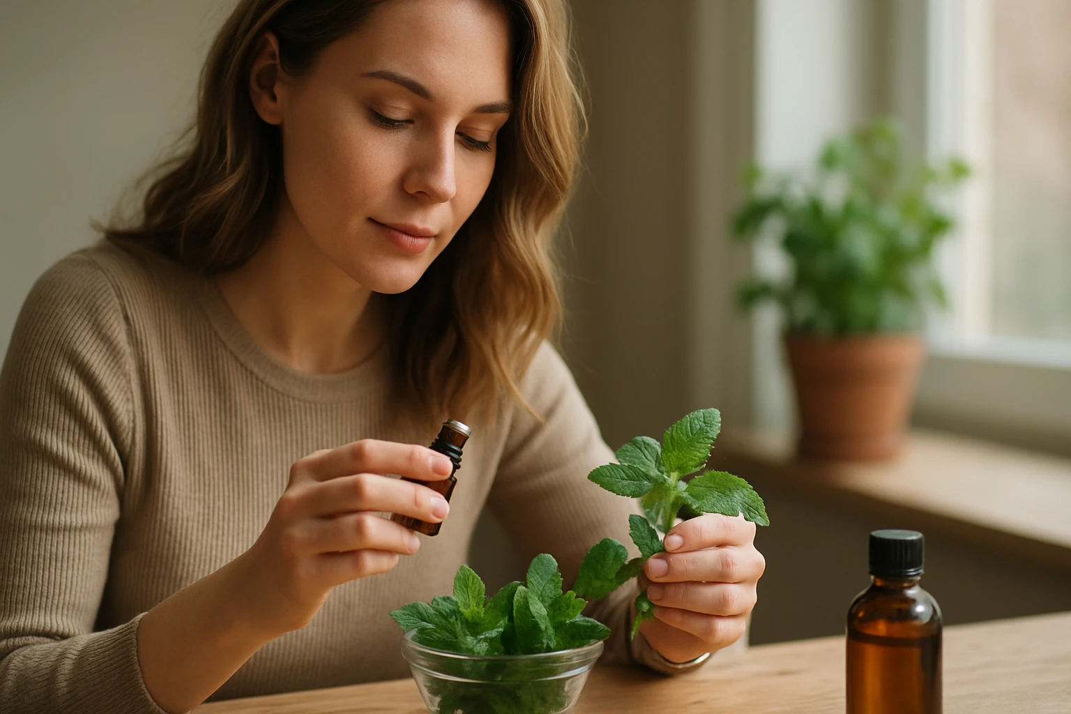 Žena pripravujúca esenciálny olej z mäty kučeravej s čerstvou mätou