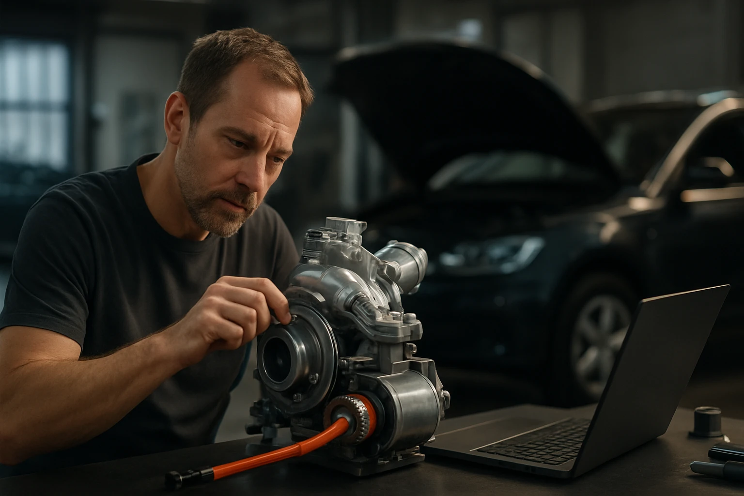 Mechanik analyzuje hybridné turbíny v autoservise.