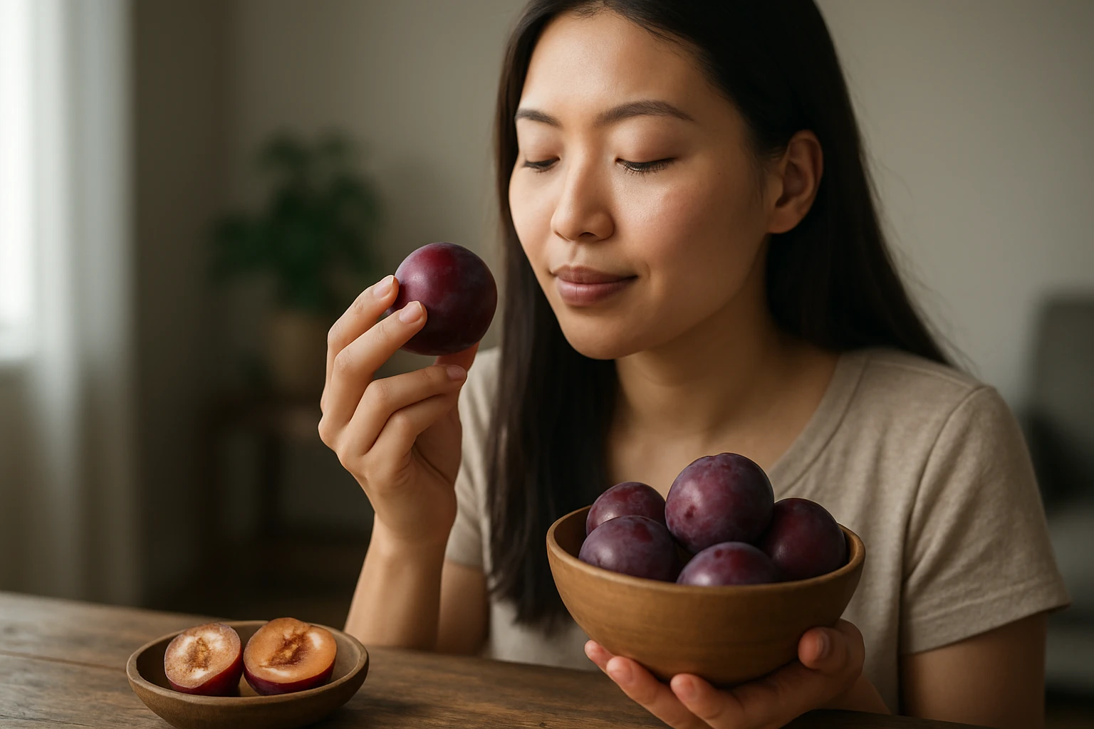 Žena vychutnáva japonskú slivku v pohode svojho domova.