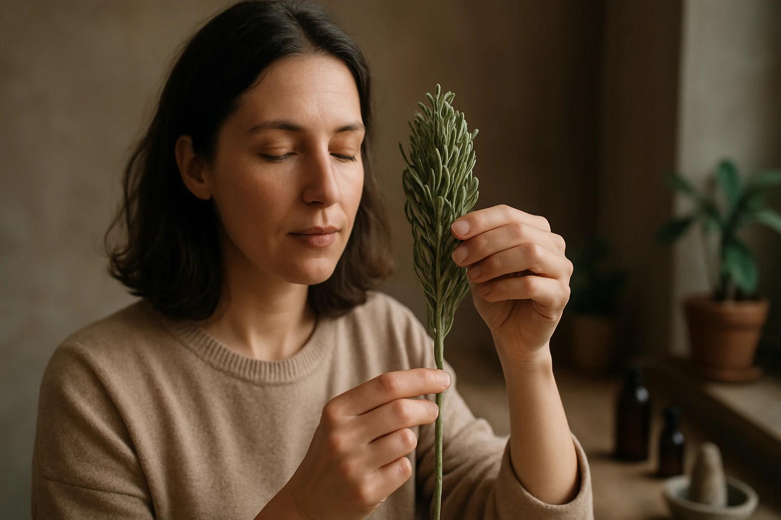 Žena skúma jerichovú lianu, starodávnu liečivú rastlinu.