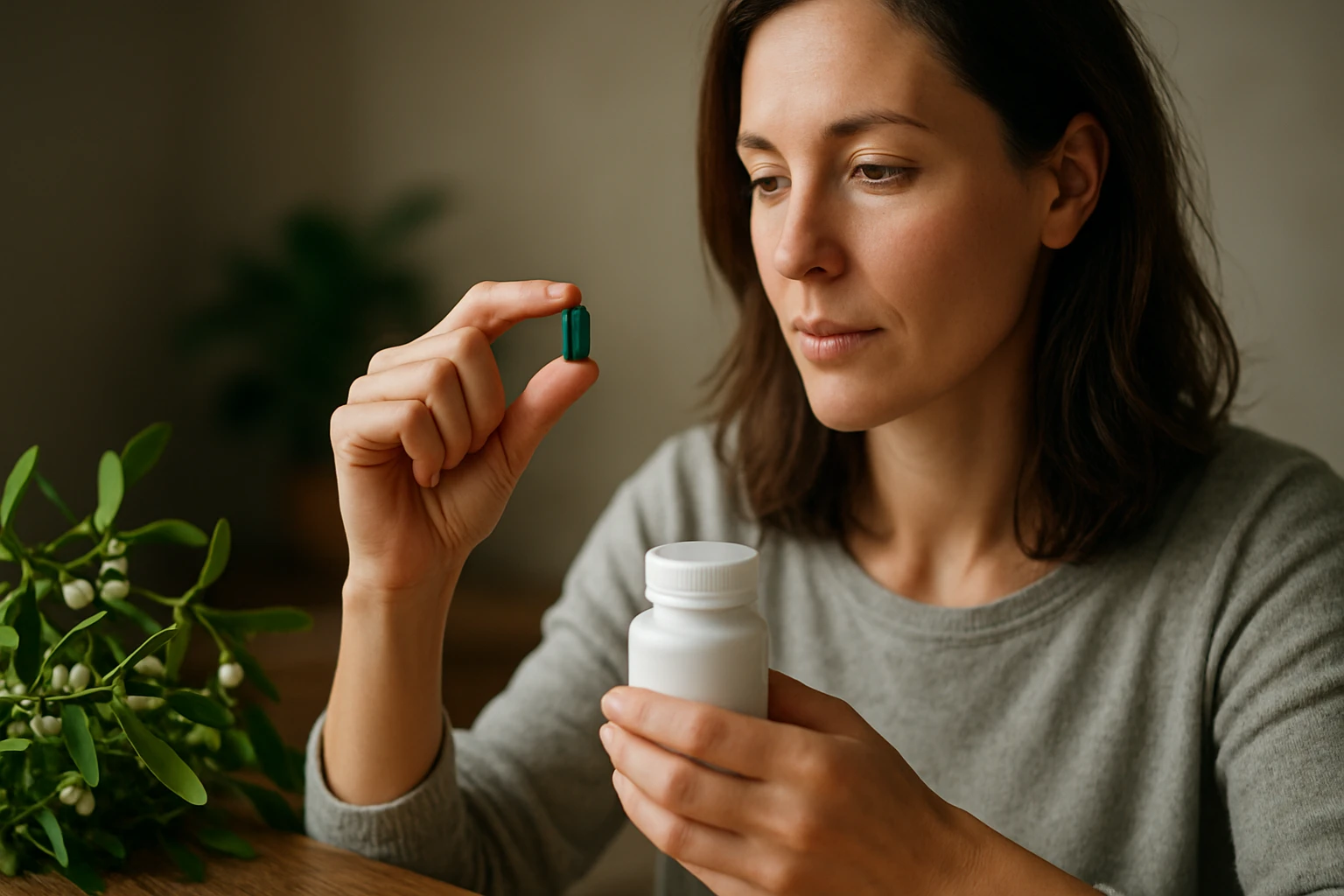 Žena skúma kapsulu z imela pri príprave na užitie