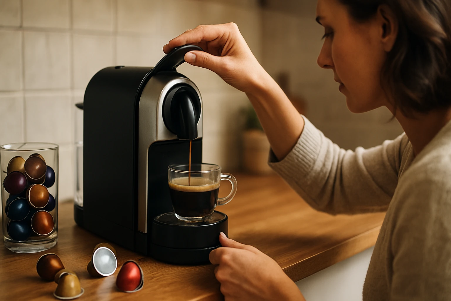 Žena pripravuje kávu pomocou kapsulového kávovaru v modernej kuchyni.