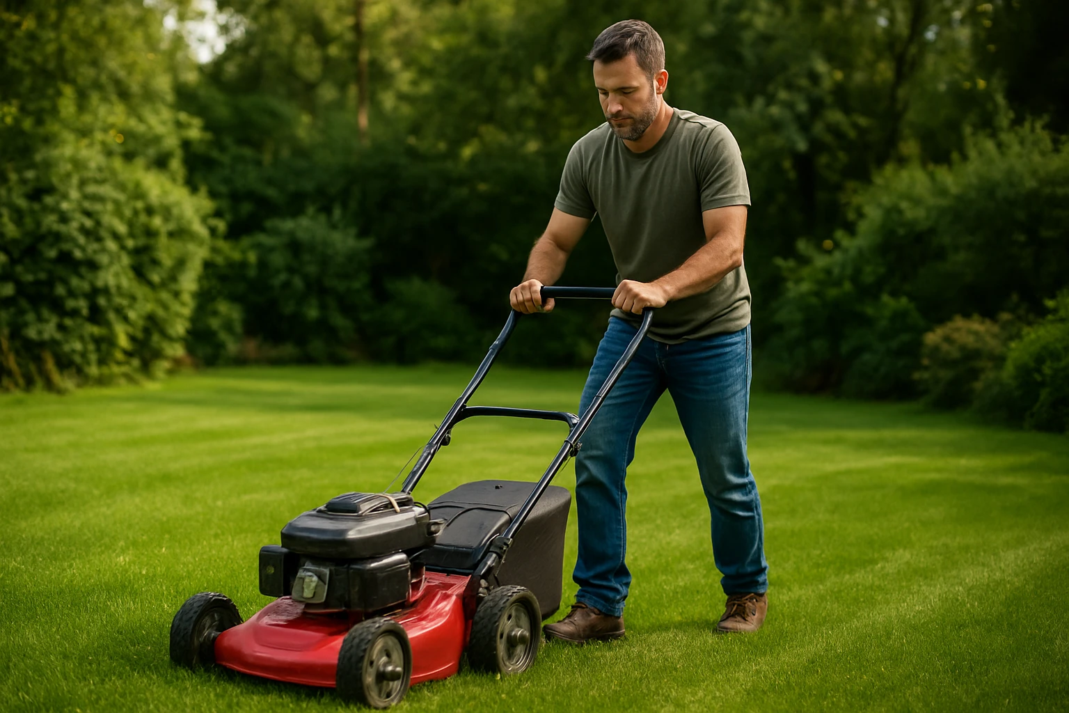 Muž kosenie trávnika kosačkou na udržiavanom dvore.