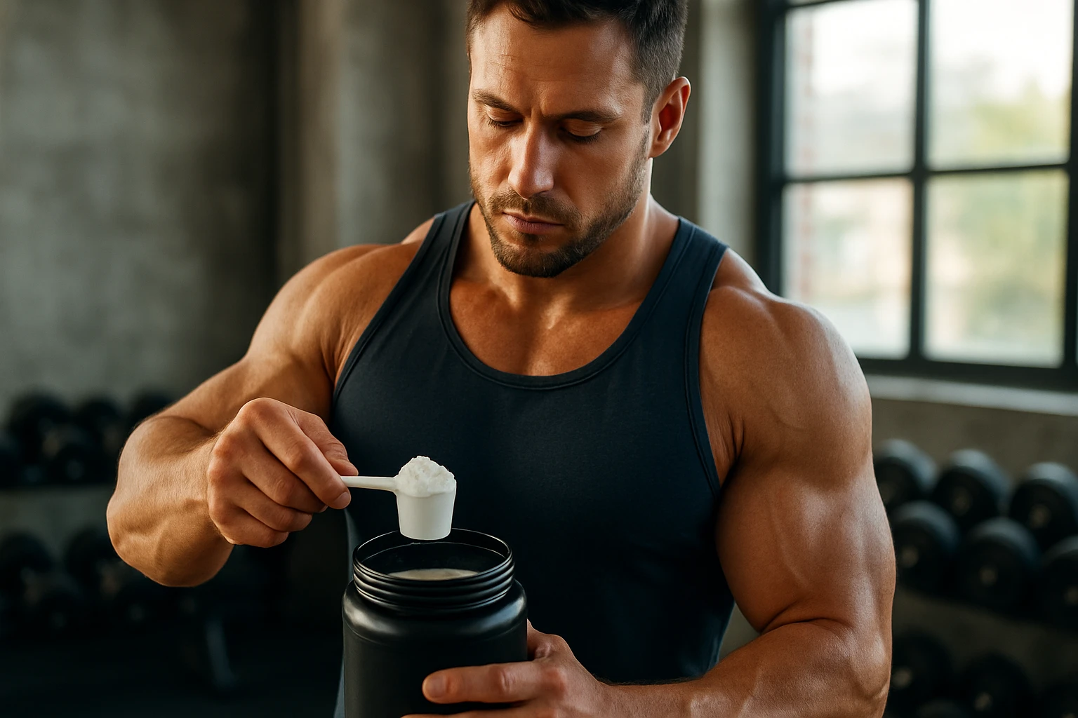 Muž s kulturistikou pripravuje kreatínový prášok v telocvični.