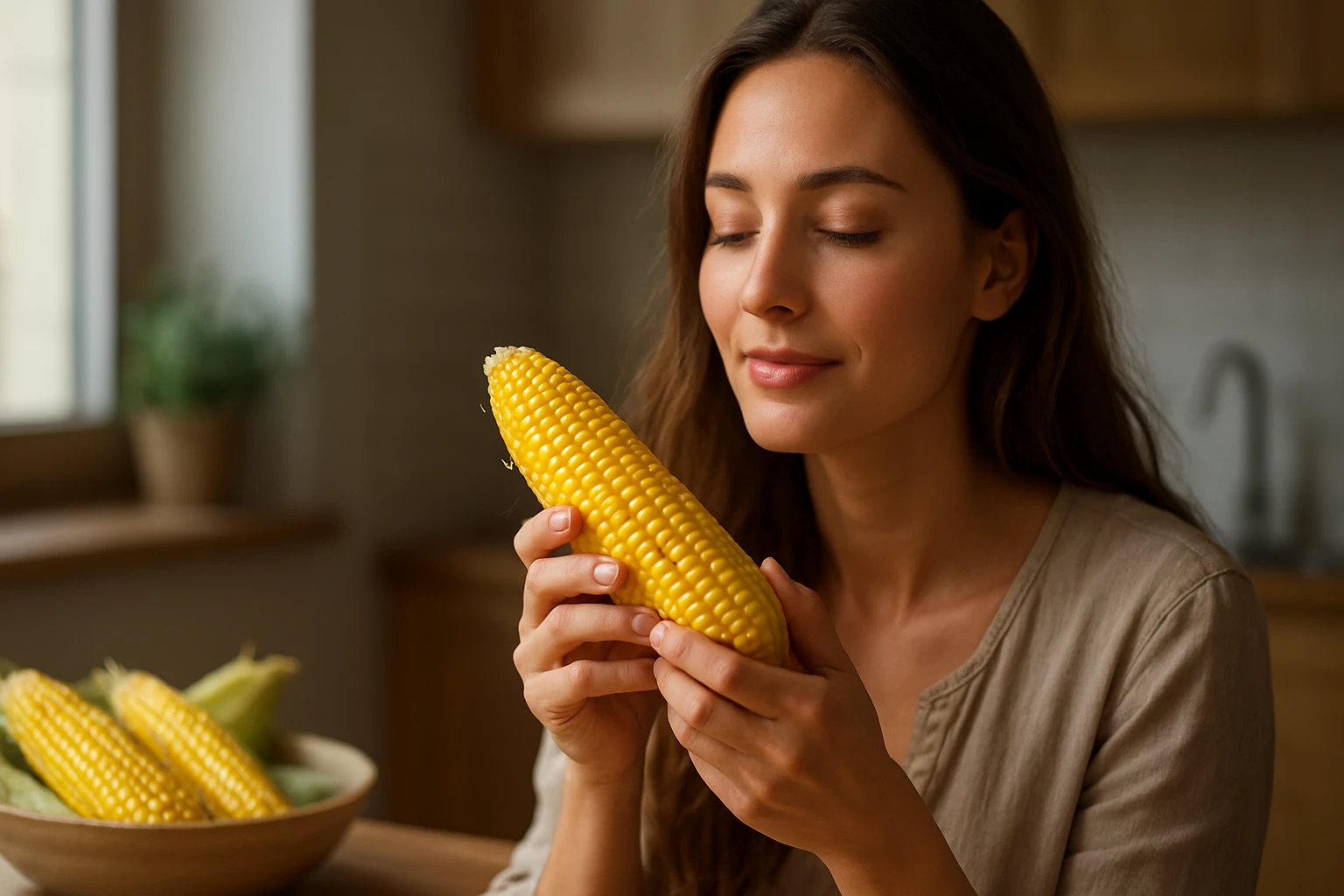 Žena s čerstvou kukuricou uprednostňuje prírodnú starostlivosť o pleť.