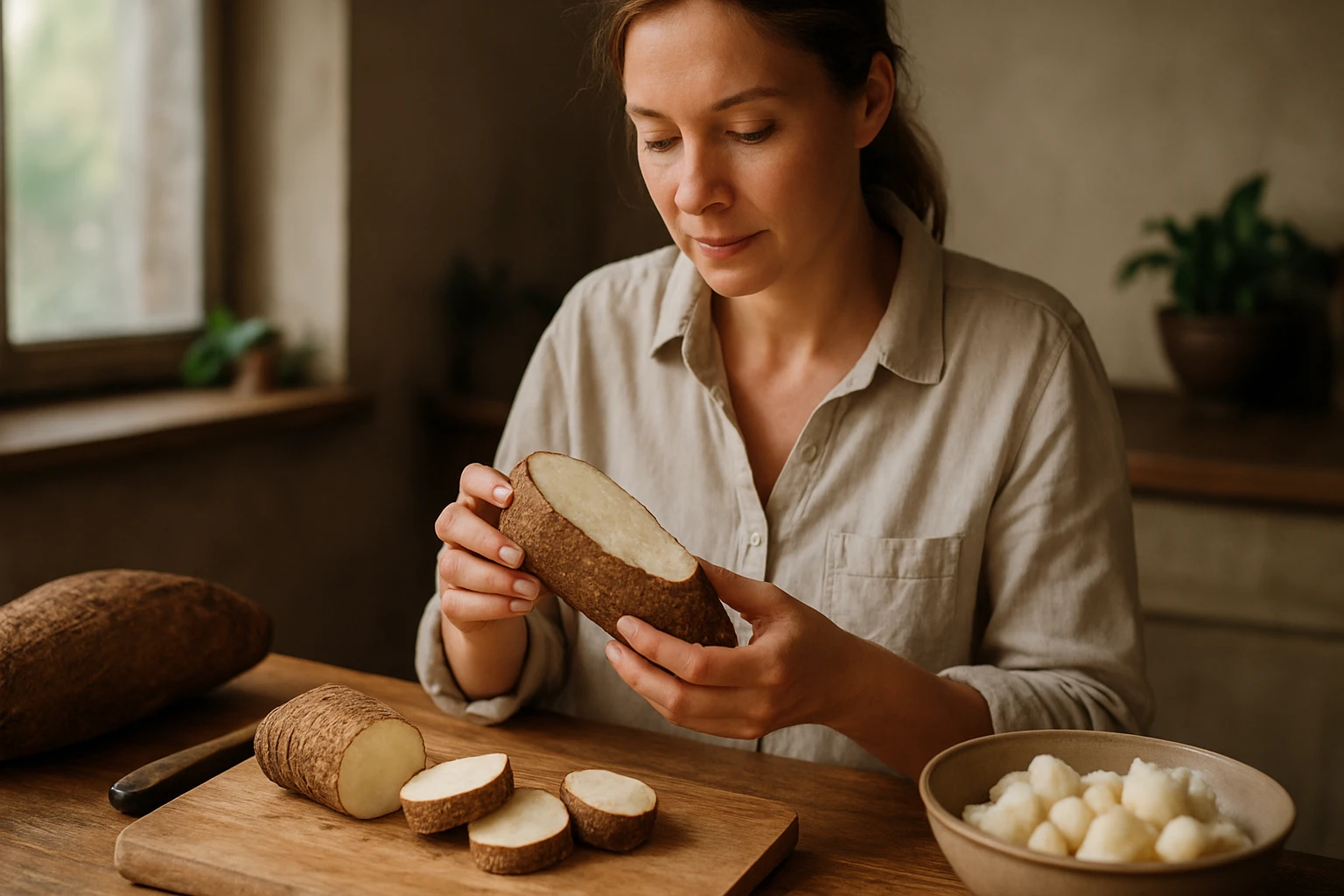 Žena pripravuje maniok na svojom kuchynskom stole.