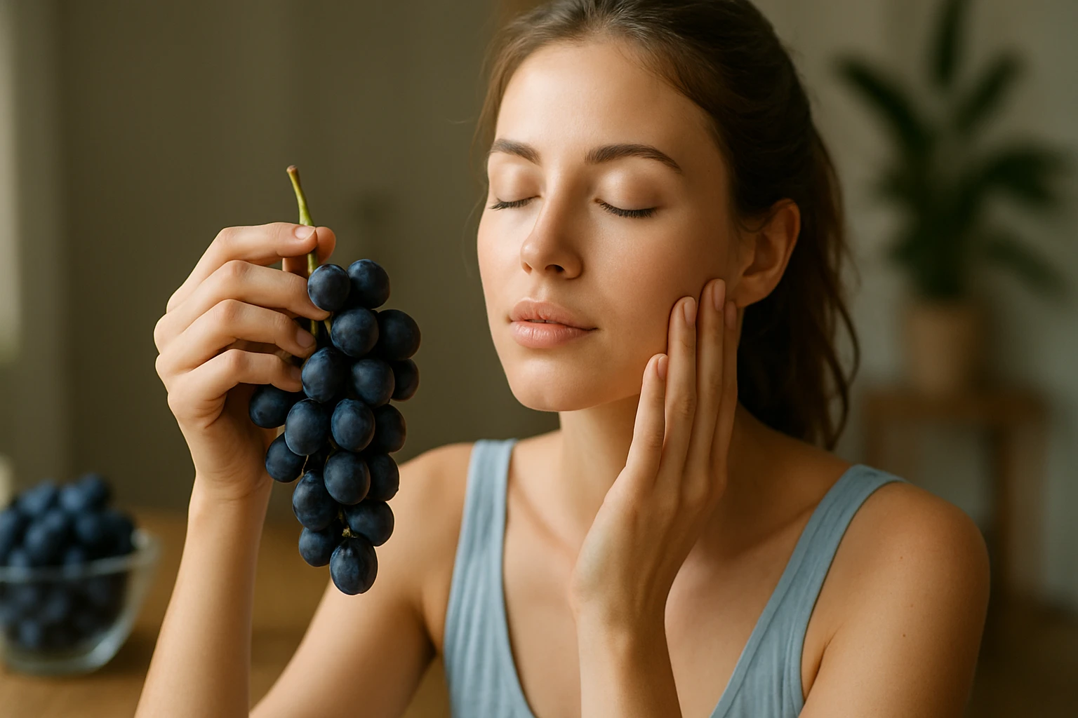 Žena drží modré hrozno, stará sa o svoju pleť.