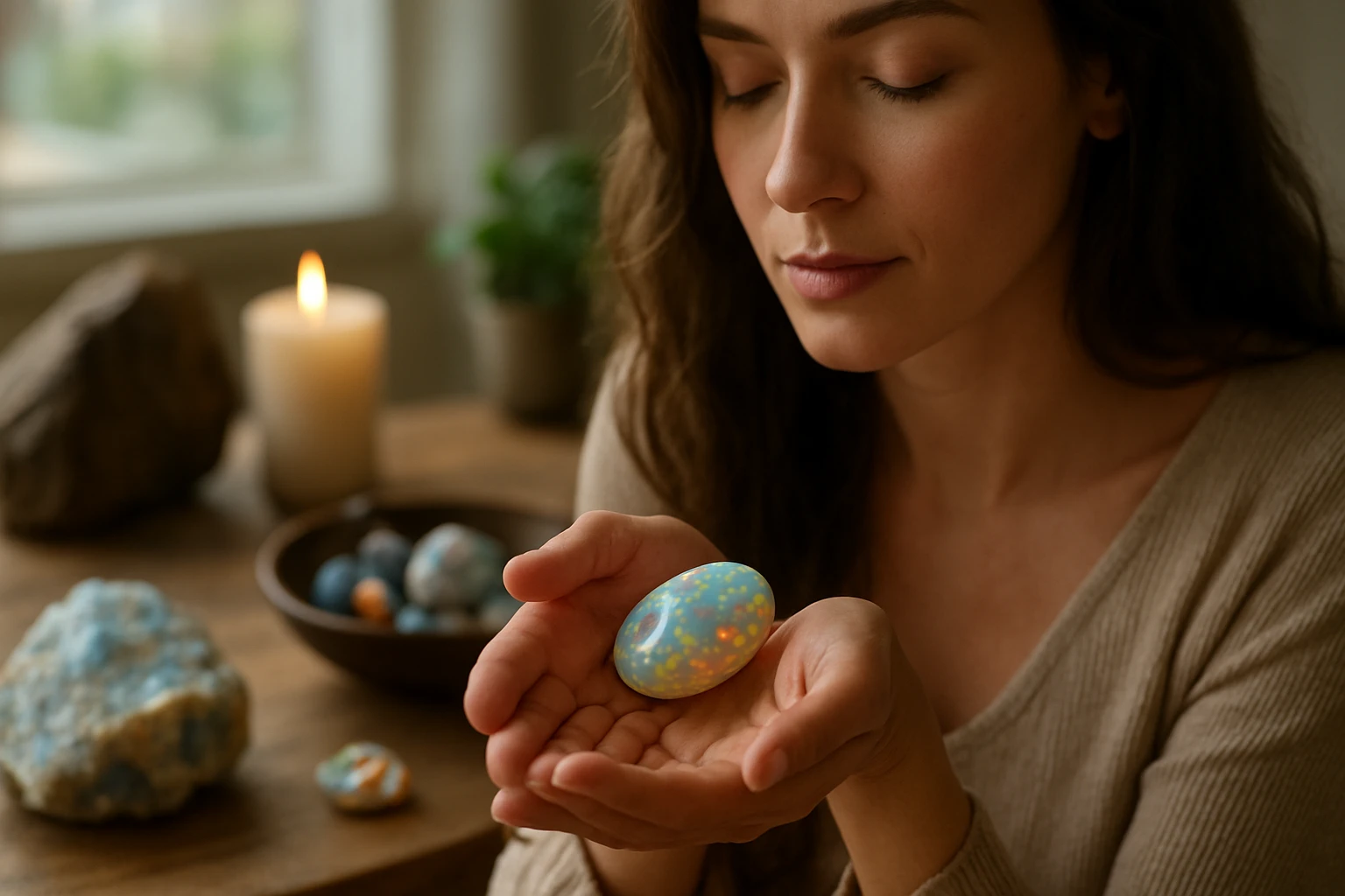 Žena drži opalit, meditácia a energetické uzdravenie