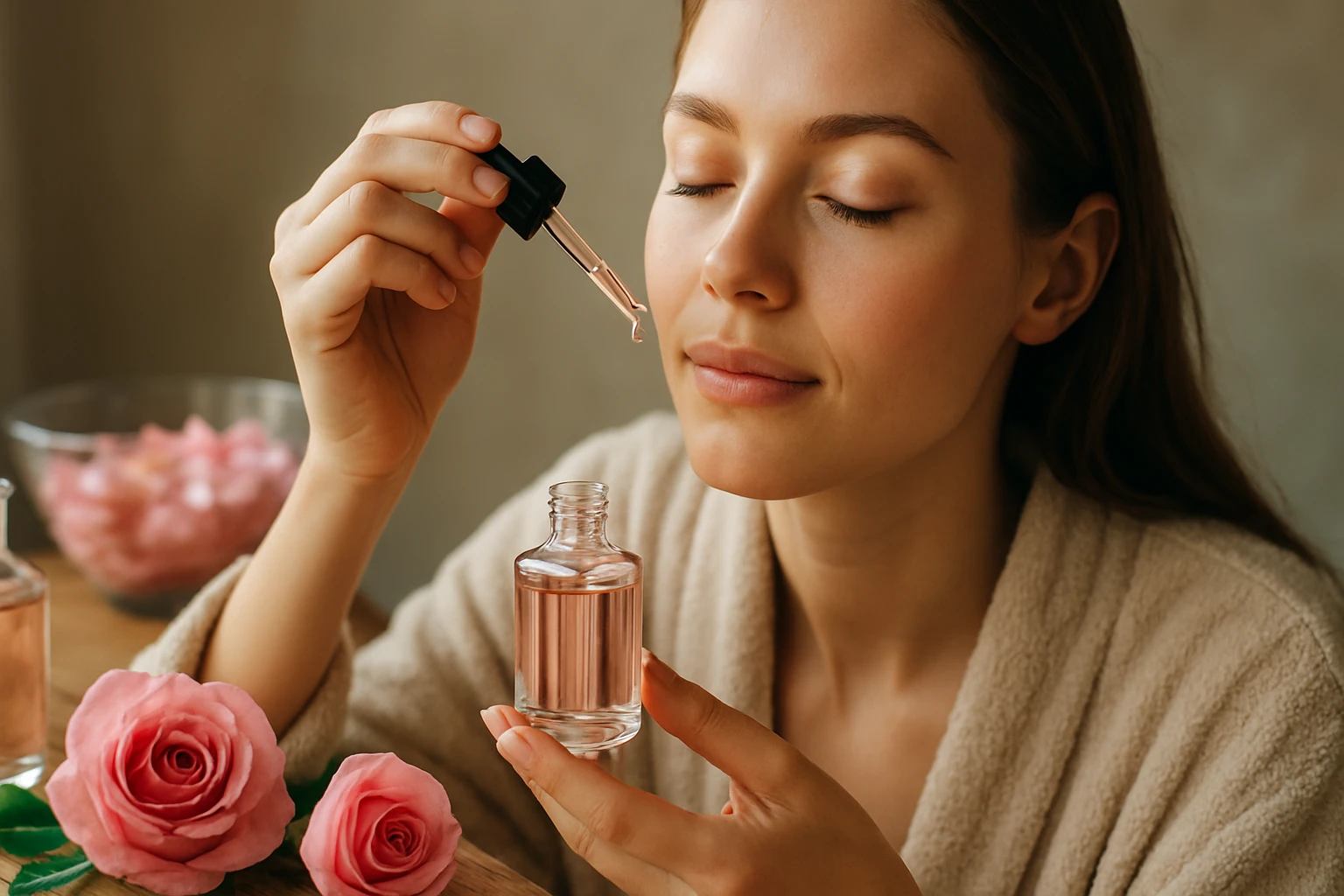 Žena aplikuje ružový olej na pleť pre zdravú a krásnu pokožku.