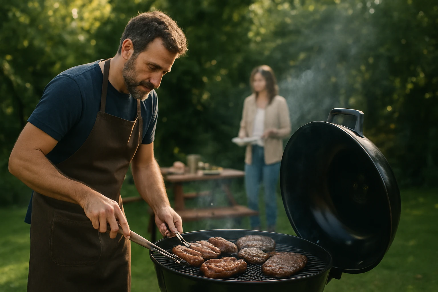 Muž griluje šťavnaté steaky na guľovom grile v prírode.