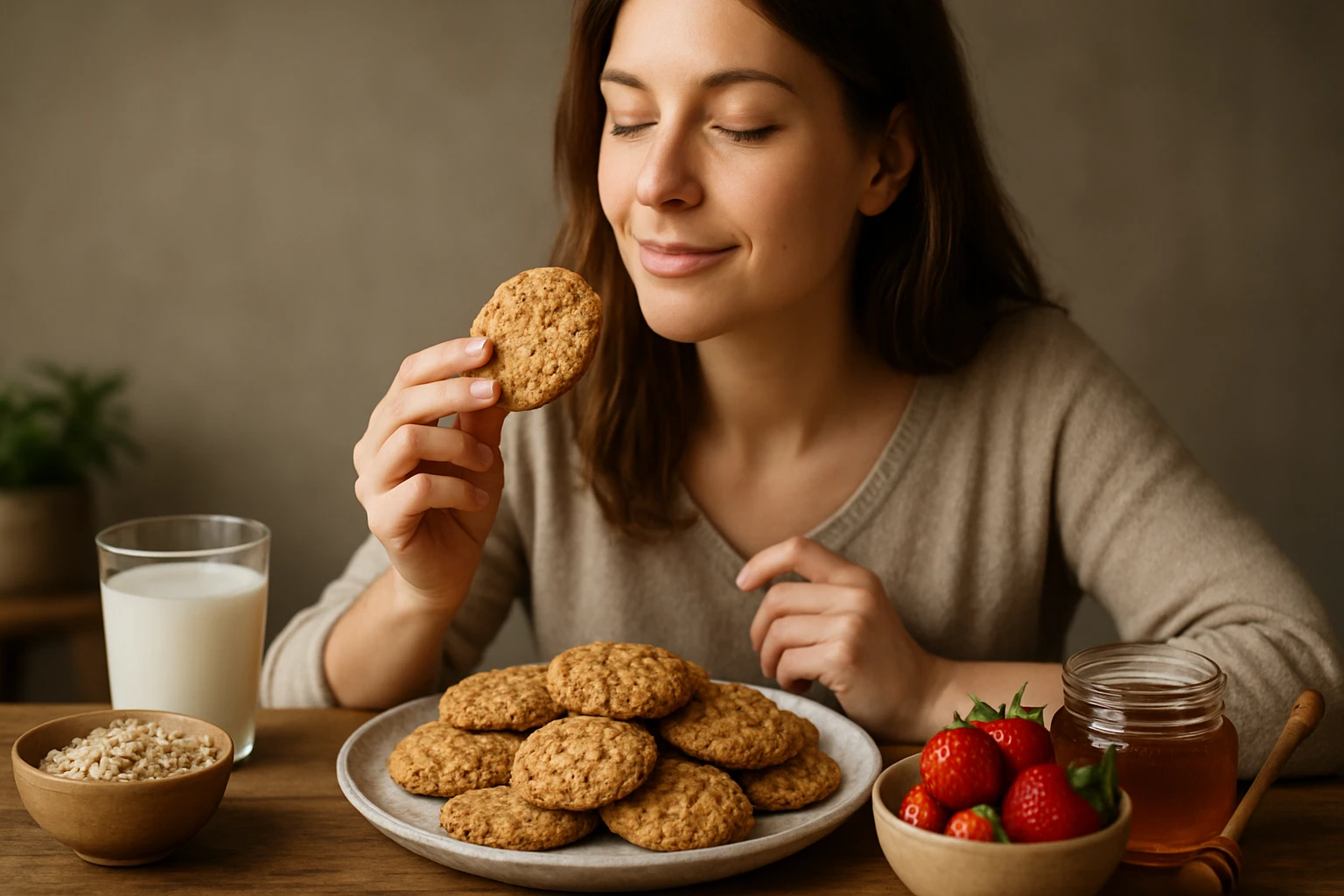 Žena vychutnáva ovsené sušienky s pohárom mlieka a ovocím.