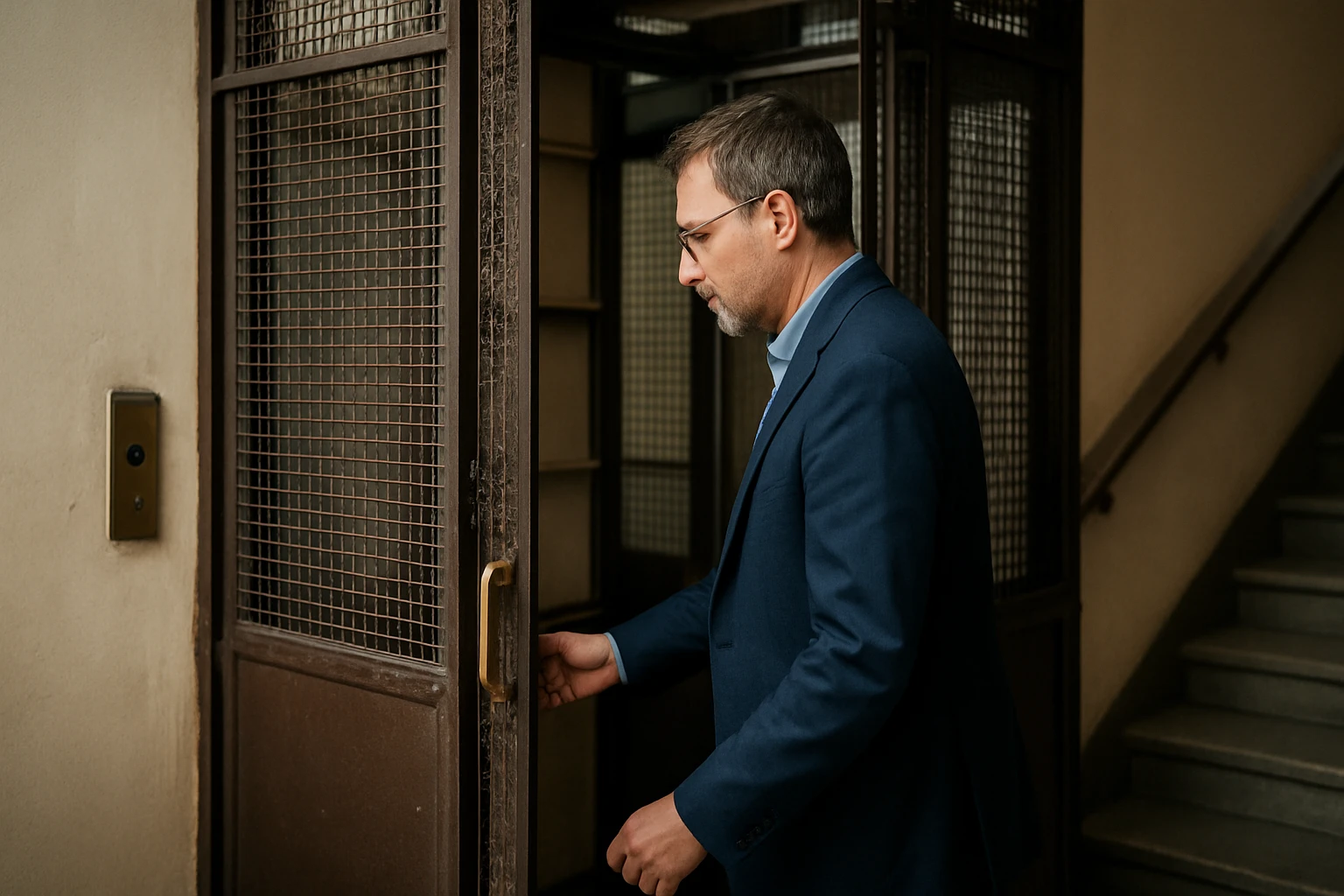 Osoba vstupujúca do historického paternoster výťahu