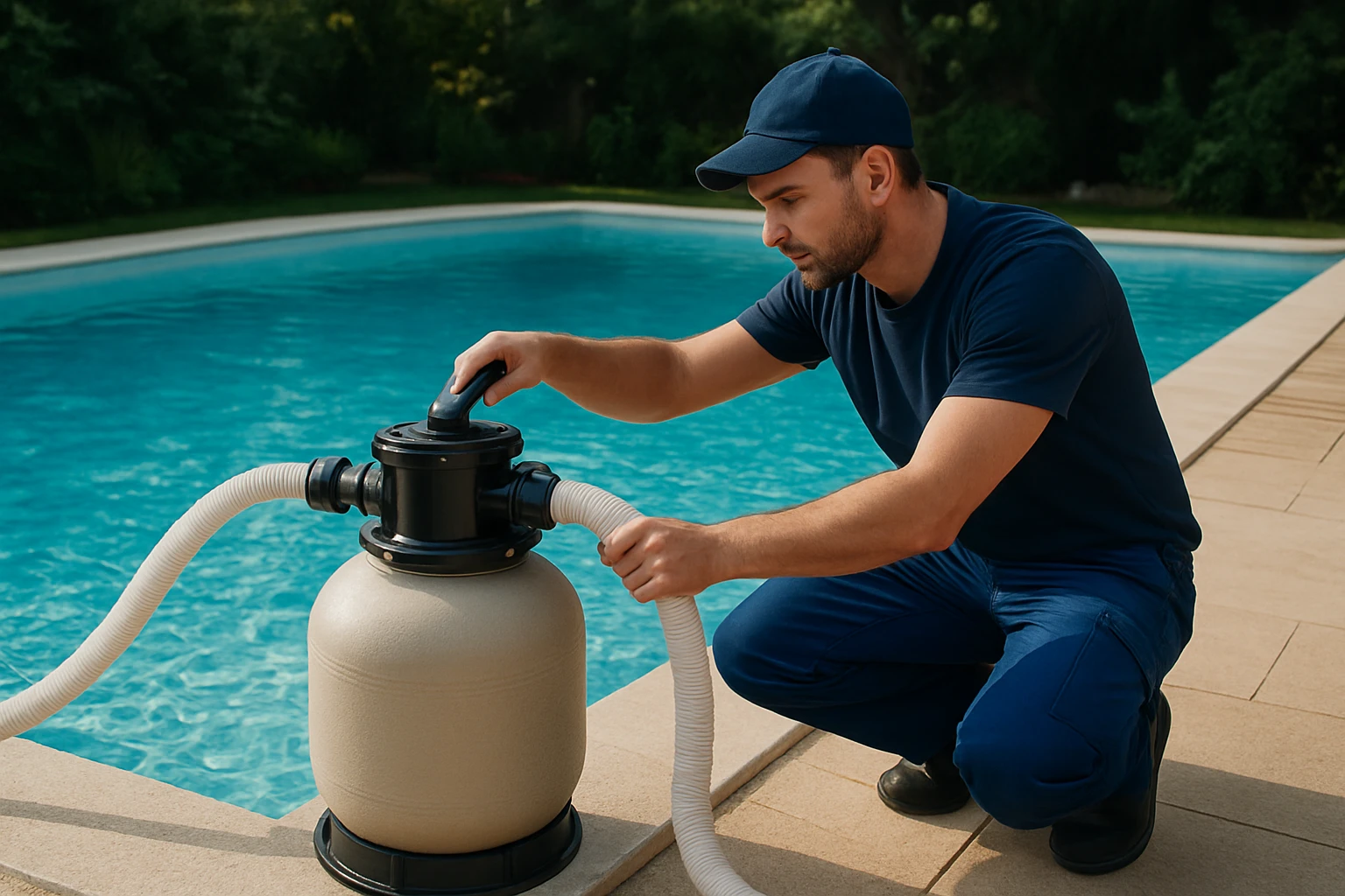 Muž kontroluje pieskový filtračný systém pri bazéne.