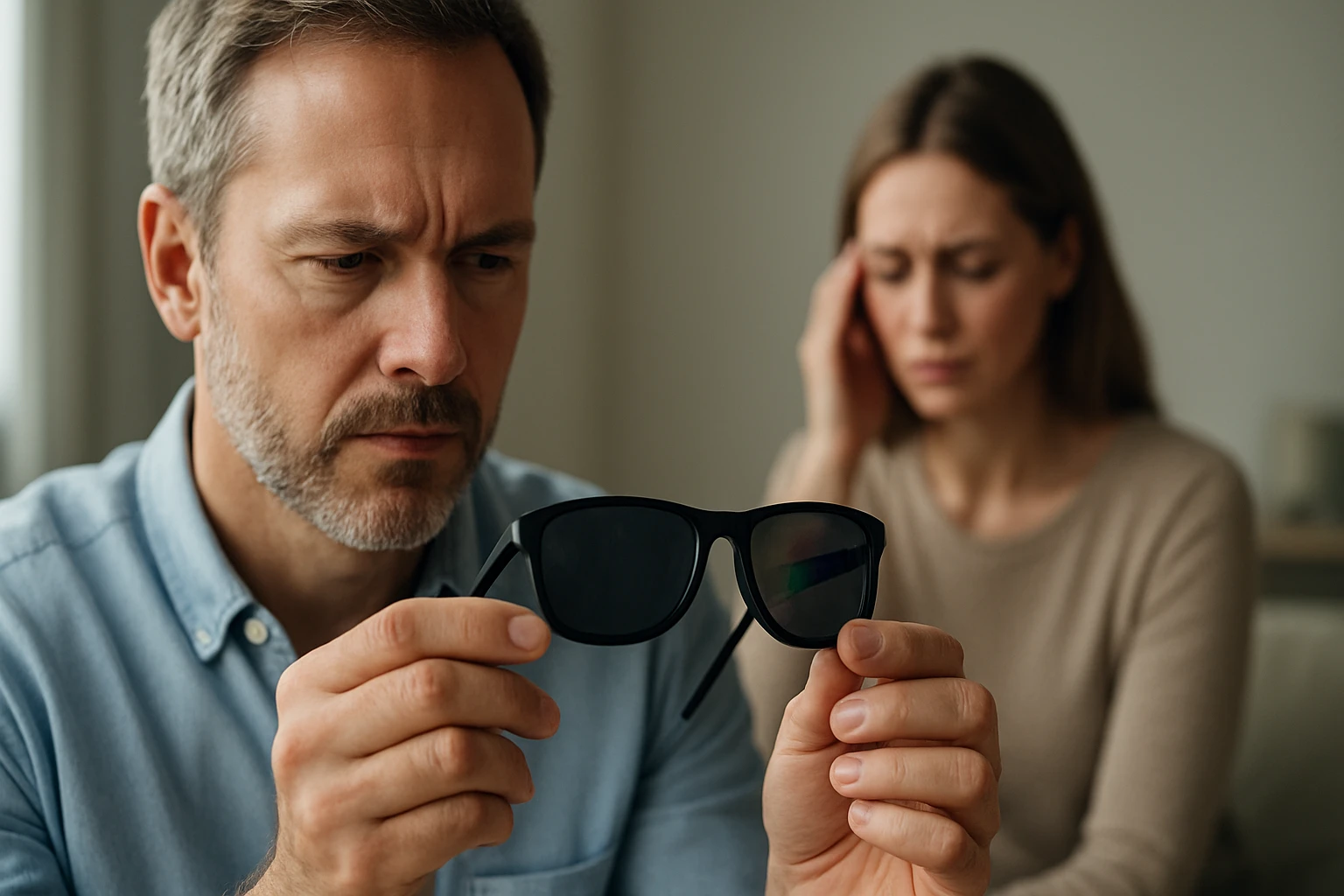 Muž skúma polarizované slnečné okuliare, zatiaľ čo žena sa cíti nepohodlne.