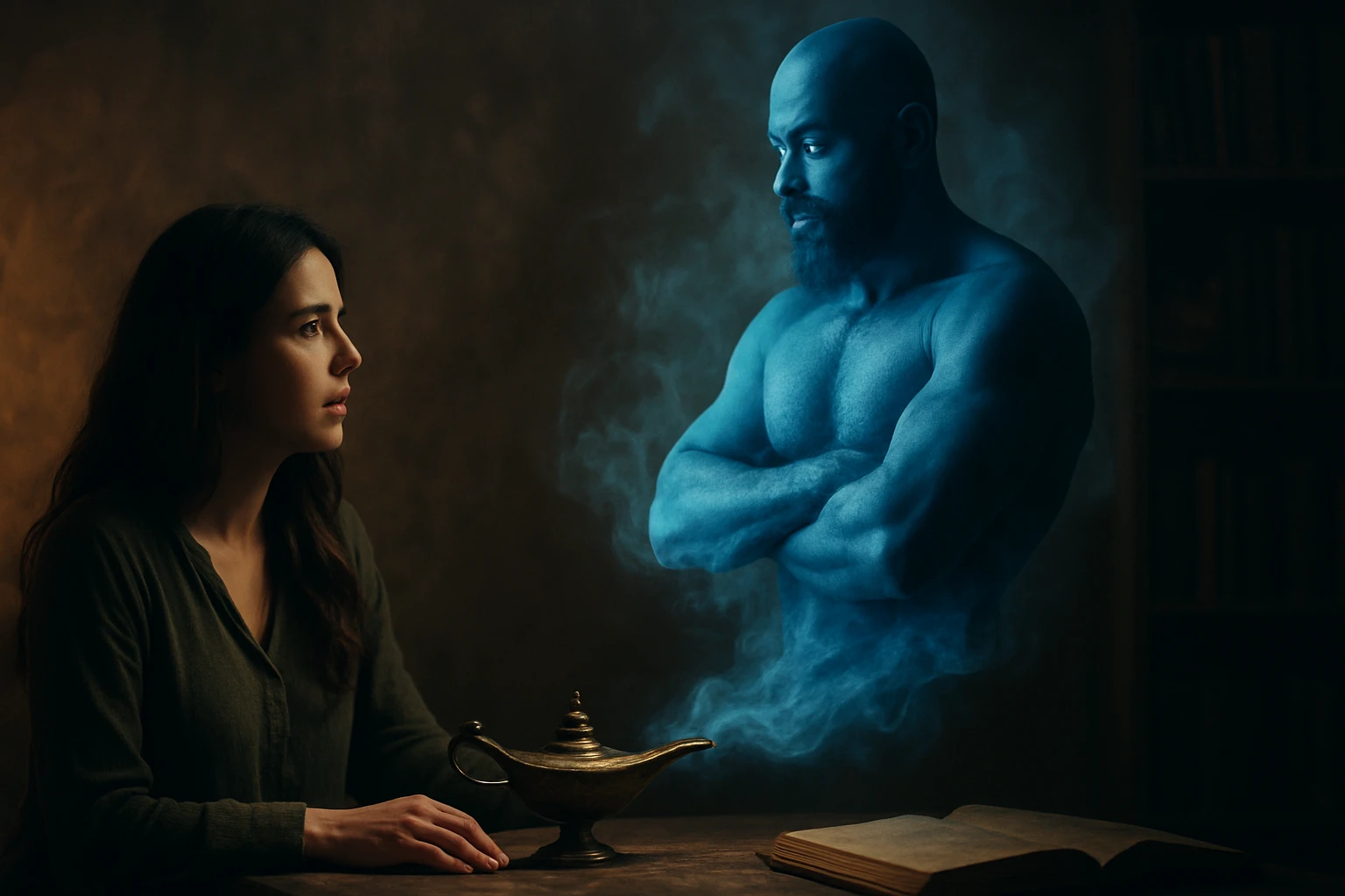 Žena sa pozerá na magického džina vychádzajúceho z lampy.