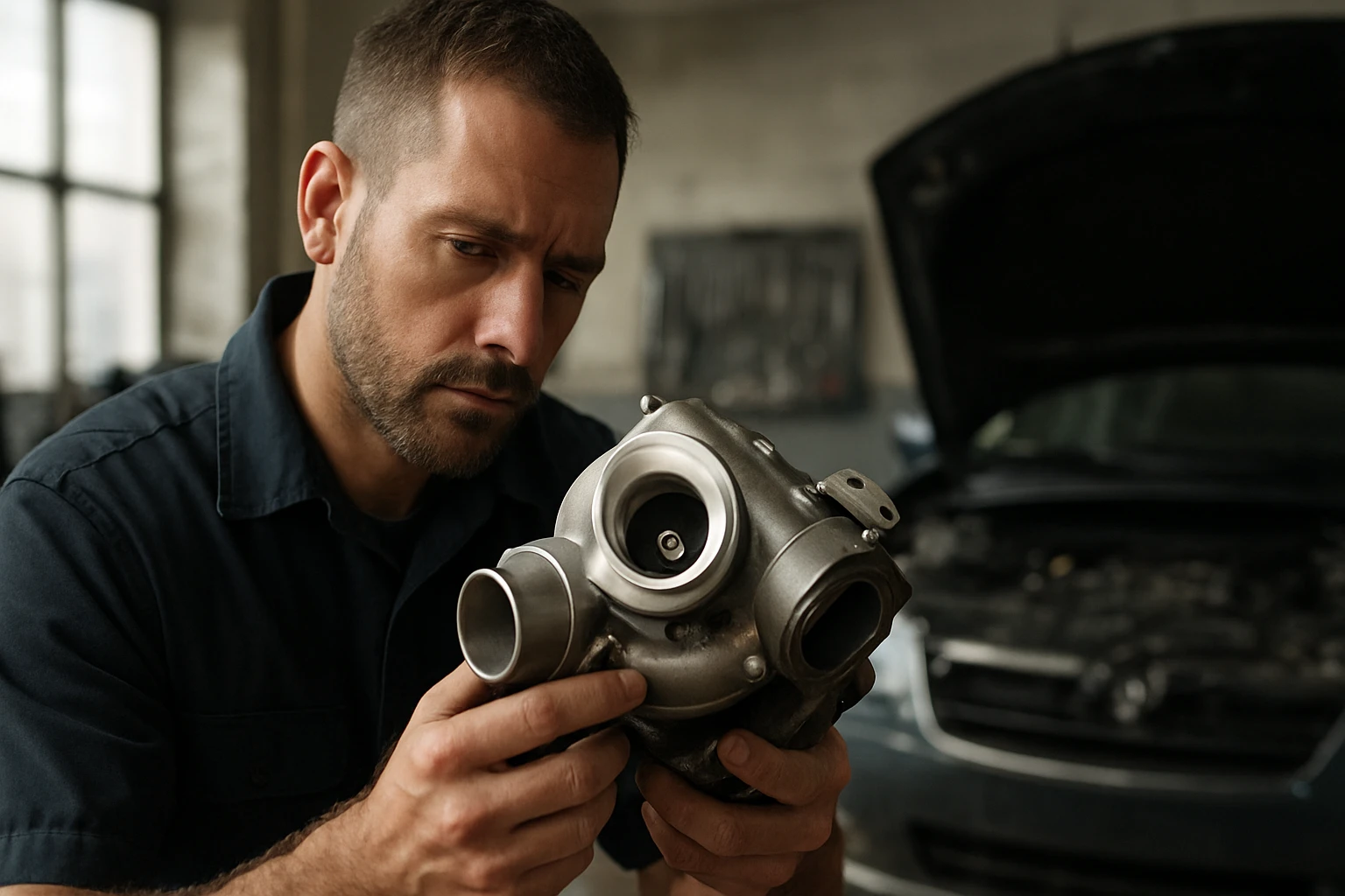 Mechanik kontroluje turbínu pre zvýšenie výkonu automobilu