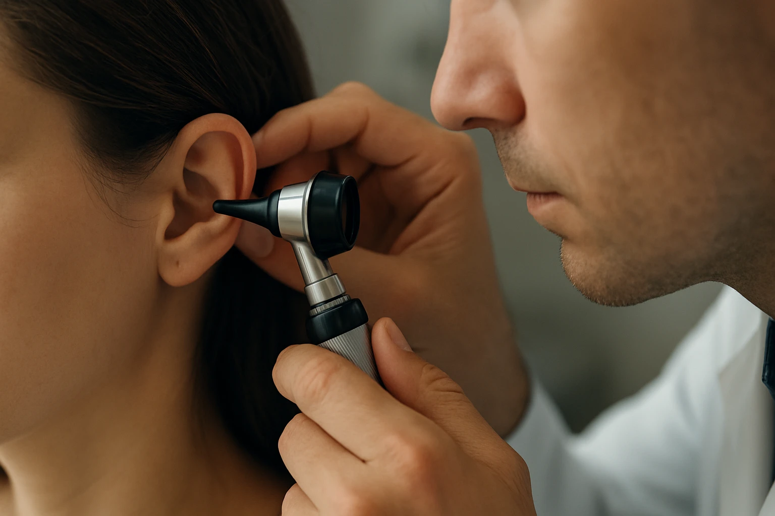 Lékař vyšetřuje ucho pacientky pomocí otoskopu