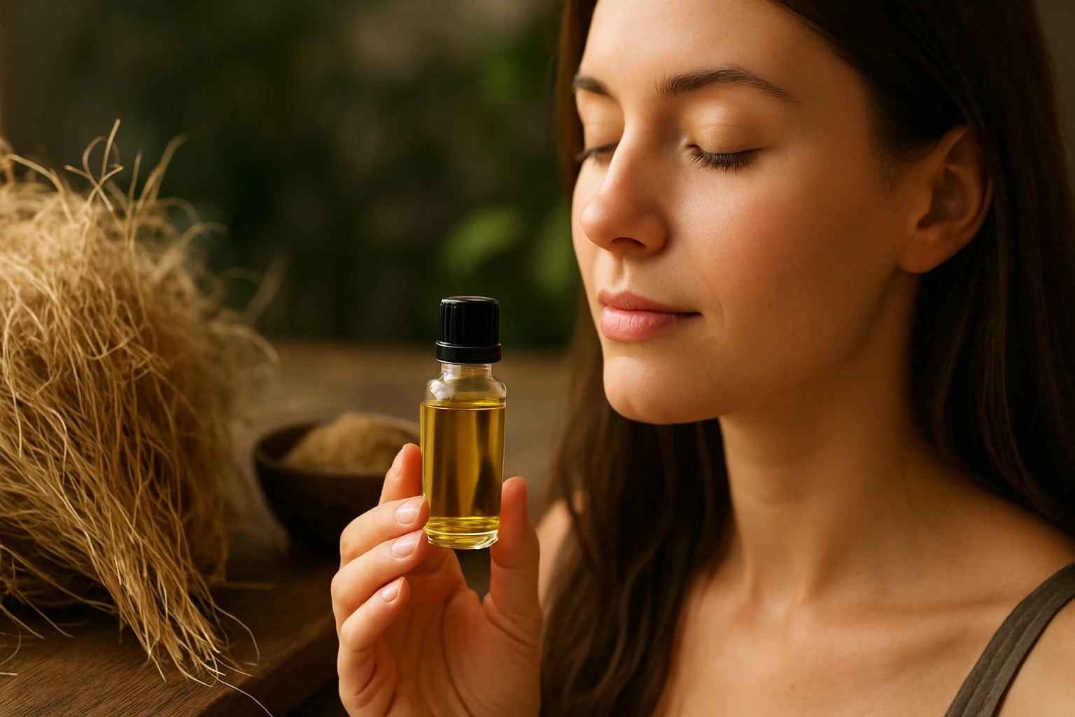 Žena s vetiverovým olejom, relaxačná atmosféra v pozadí.