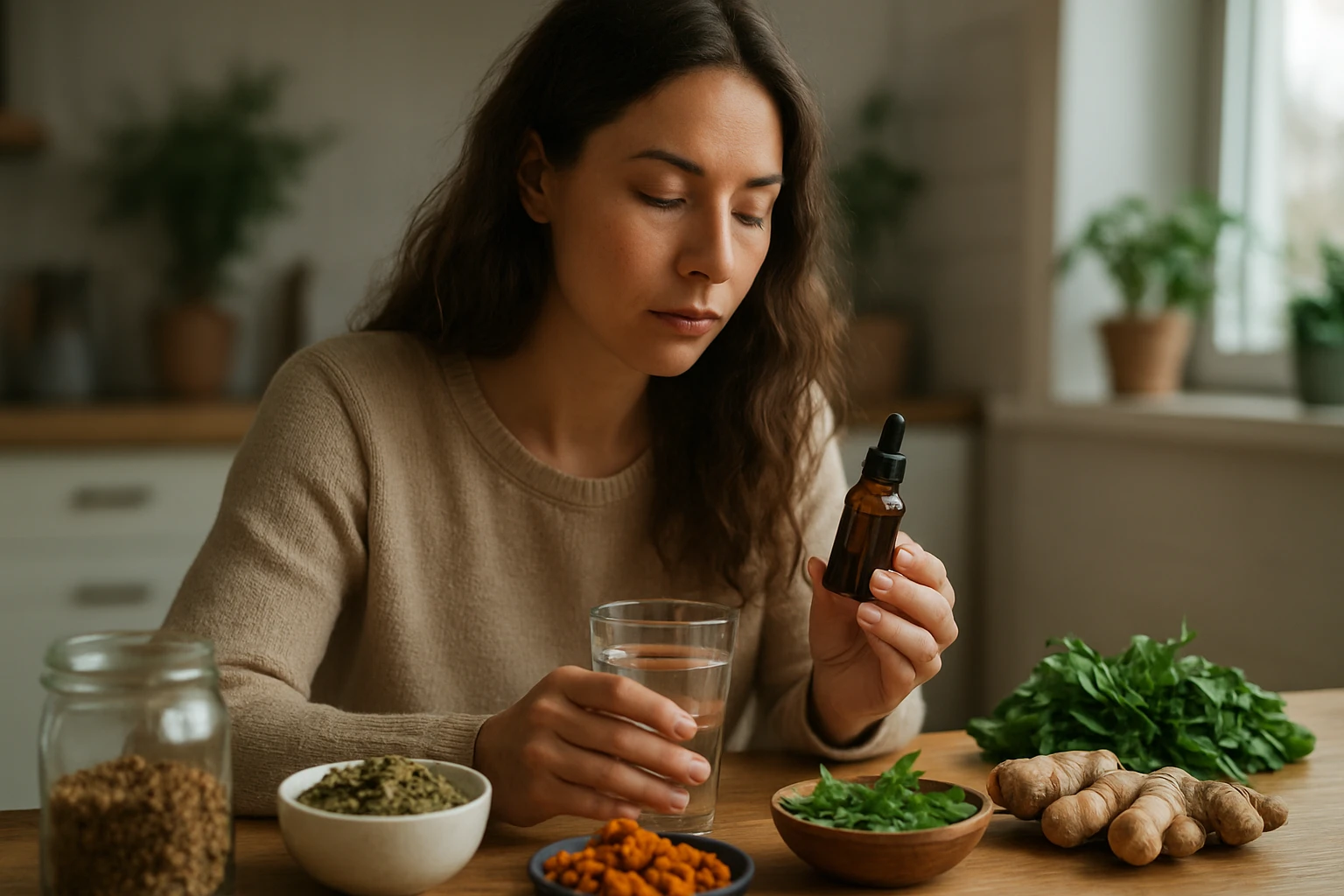 Žena s bylinným výťažkom na stole s prírodnými ingredienciami.