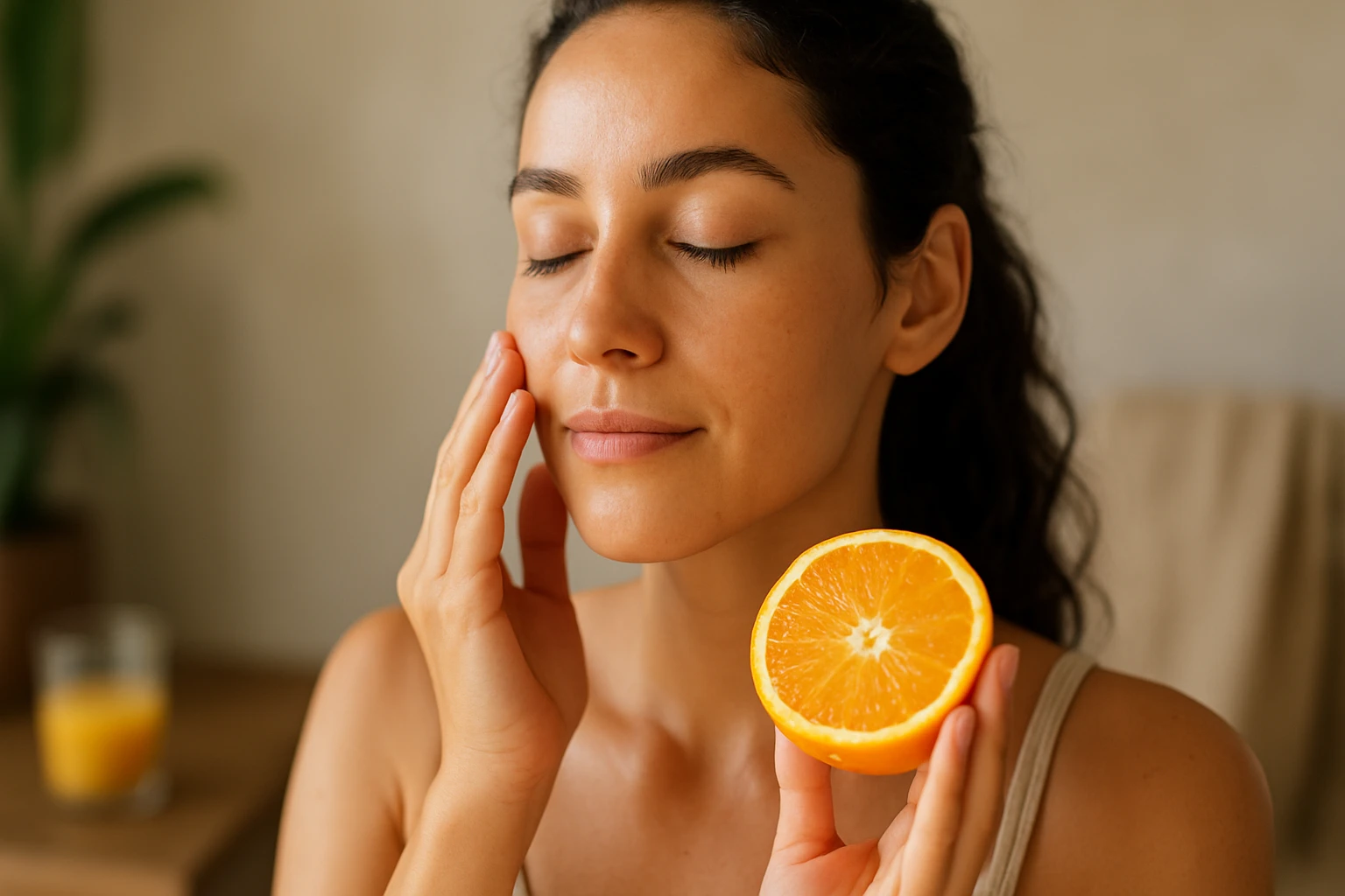 Žena sa dotýka svojej pleti s pomarančom v ruke.