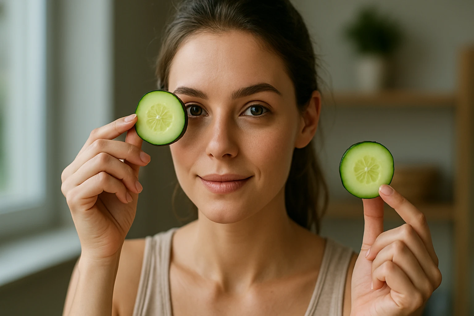 Žena s plátkami uhorky na očiach, zdôrazňujúca krásu pleti.