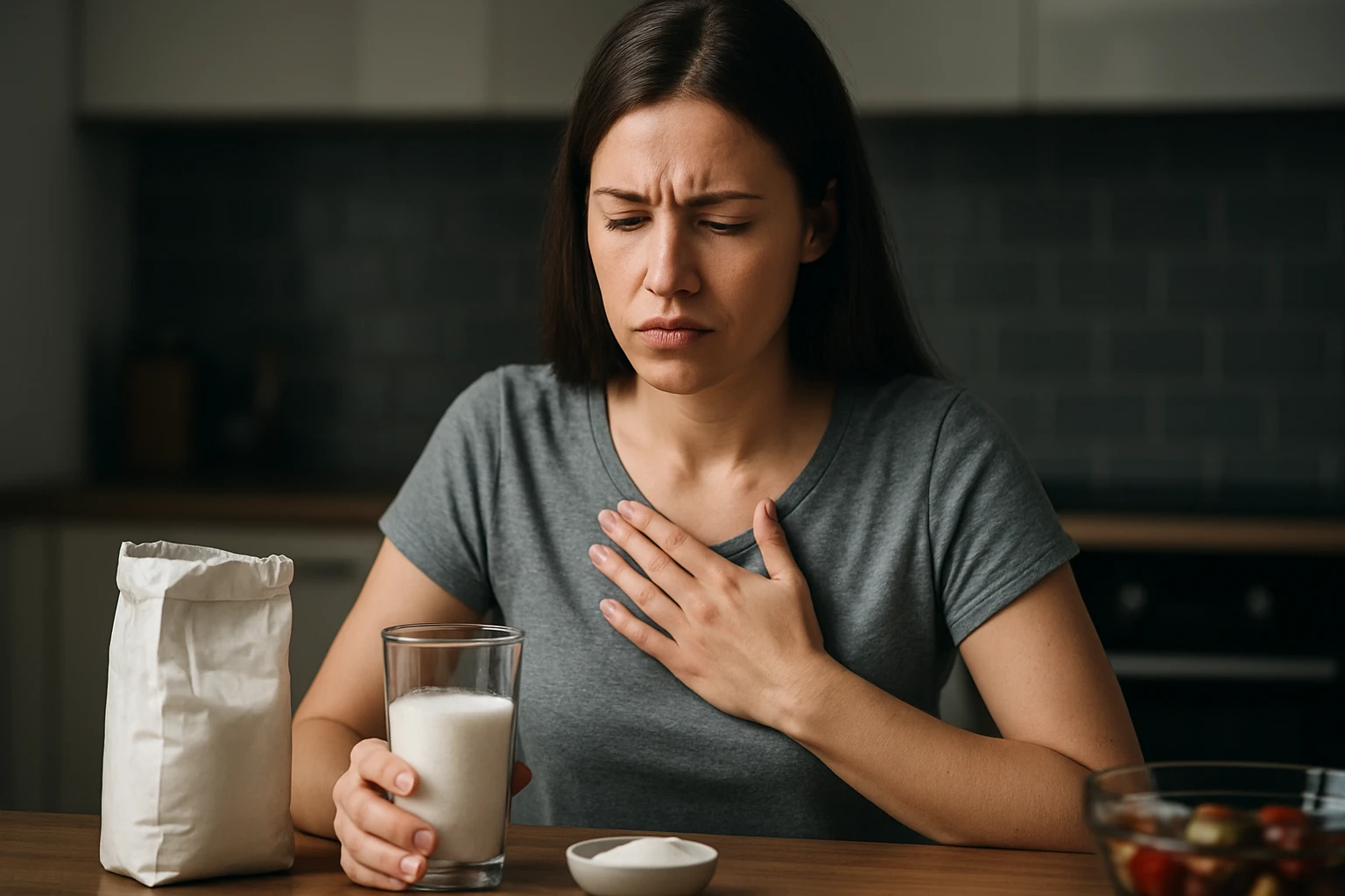 Žena drží pohár s dekstrom a vyzerá znepokojene.