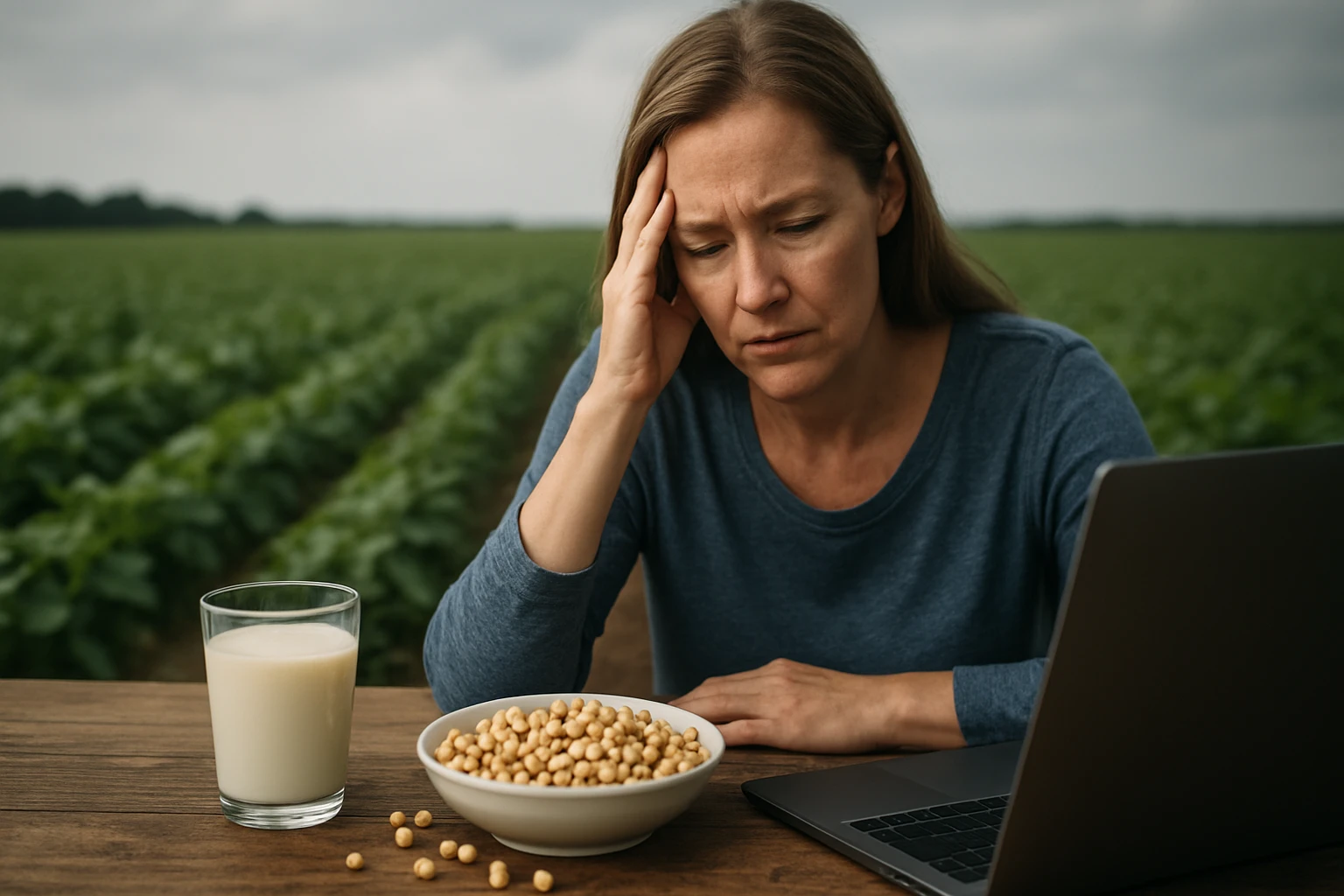 Žena s otázkami o sóje sedí pri stole s jedlom a laptopom.