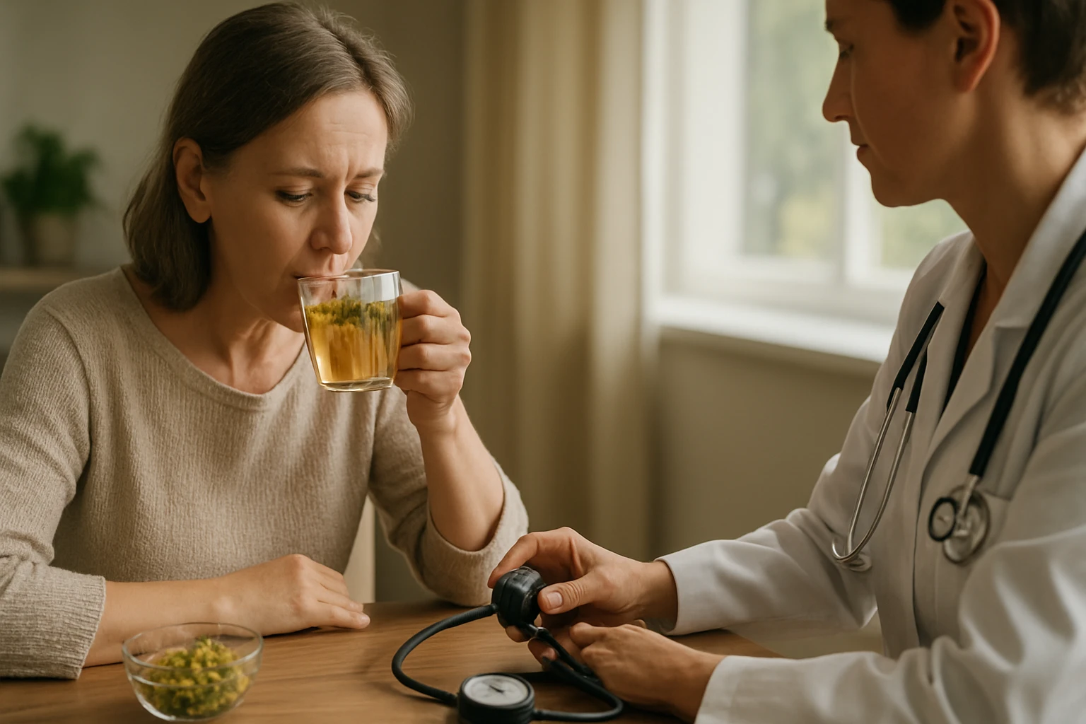 Žena pije čaj z ľubovníka bodkovaného počas kontroly krvného tlaku.