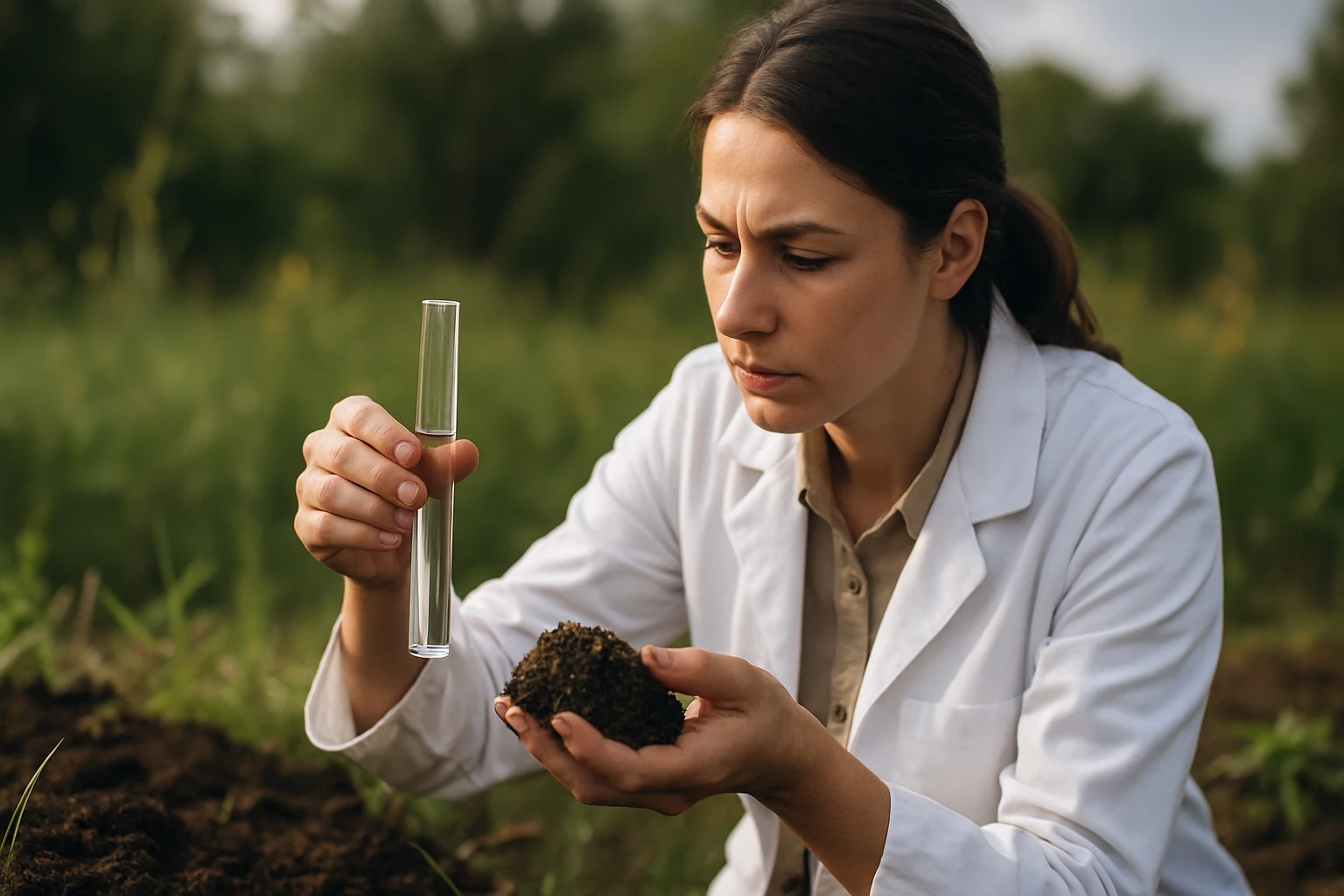 Vedkyňa skúma pôdu a baktérie v ekosystéme.