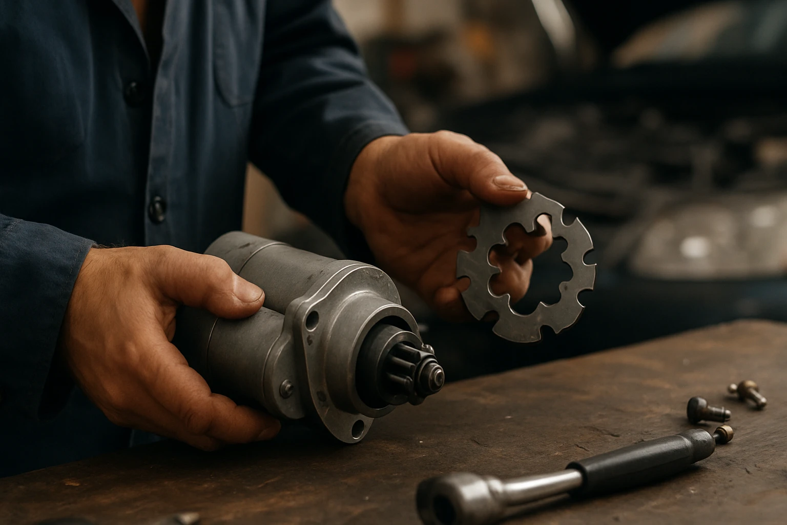 Mechanik drži voľnobežku štartéra a motora na pracovnom stole.