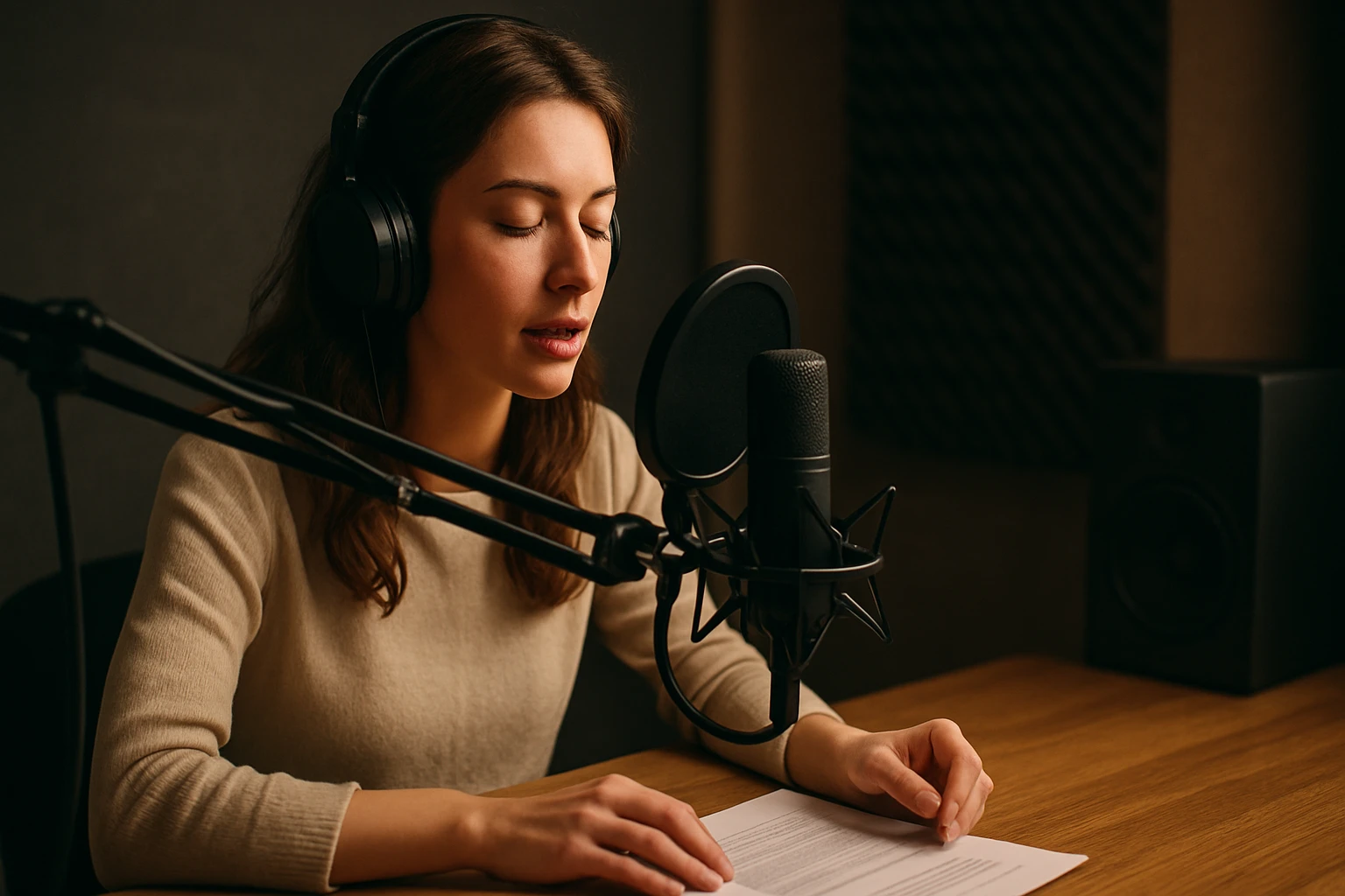 Žena nahráva audio s mikrofónom a slúchadlami.