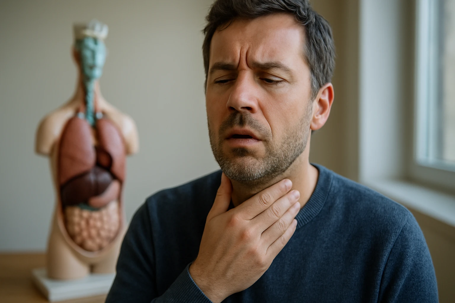 Muž sa dotýka hrdla s modelom dýchacieho systému v pozadí