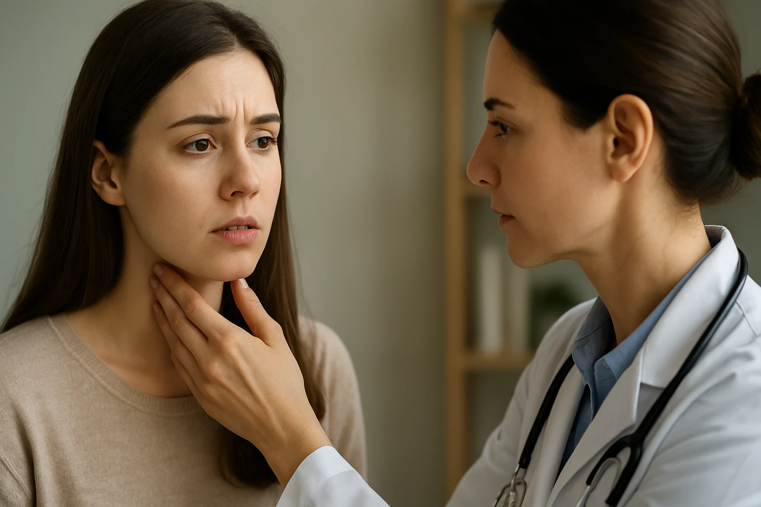 Žena s bolestivým hrdlom pri návšteve lekára na vyšetrení mandlí
