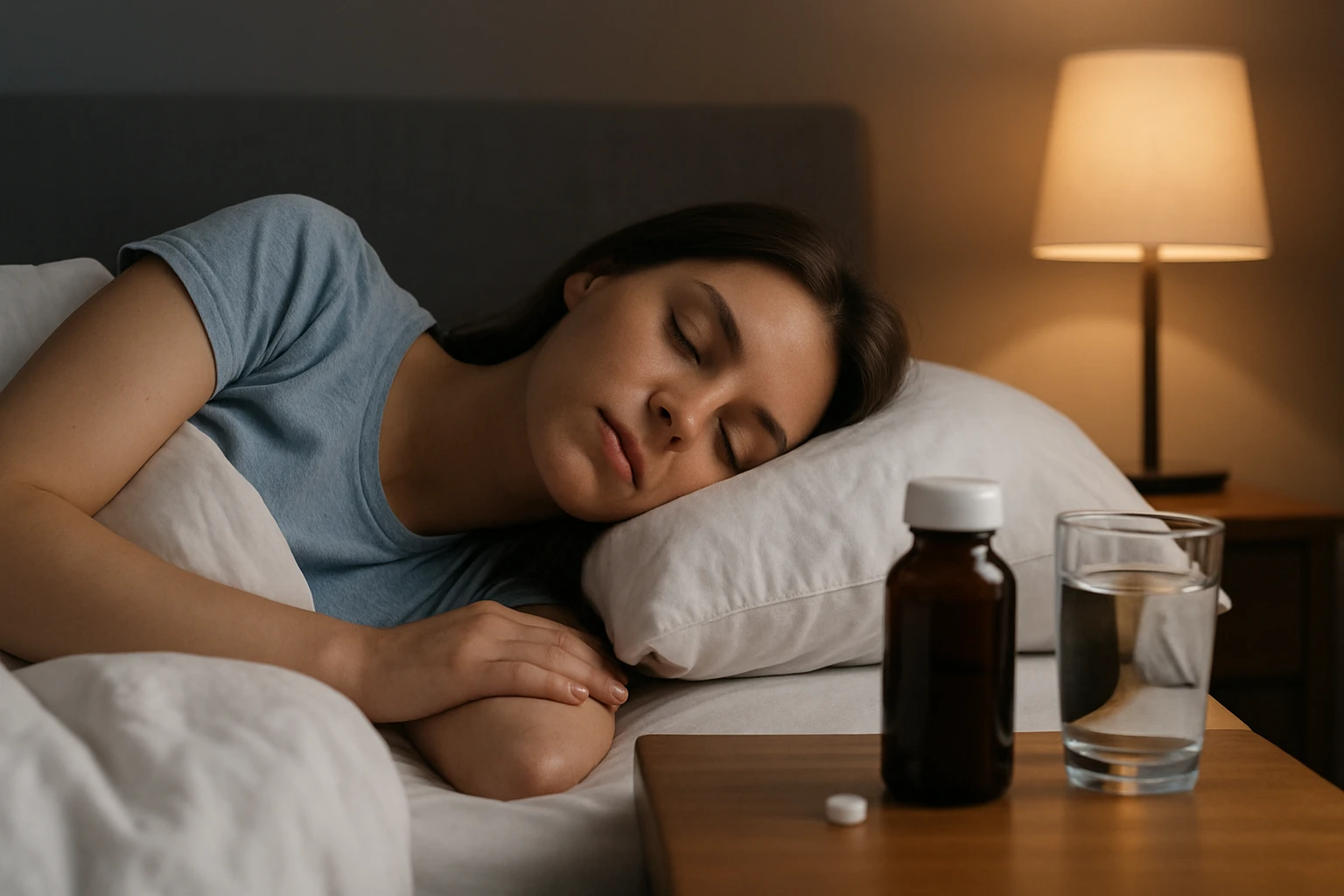 Žena spí na posteli s flórom melatonínu a pohárom vody vedľa seba.