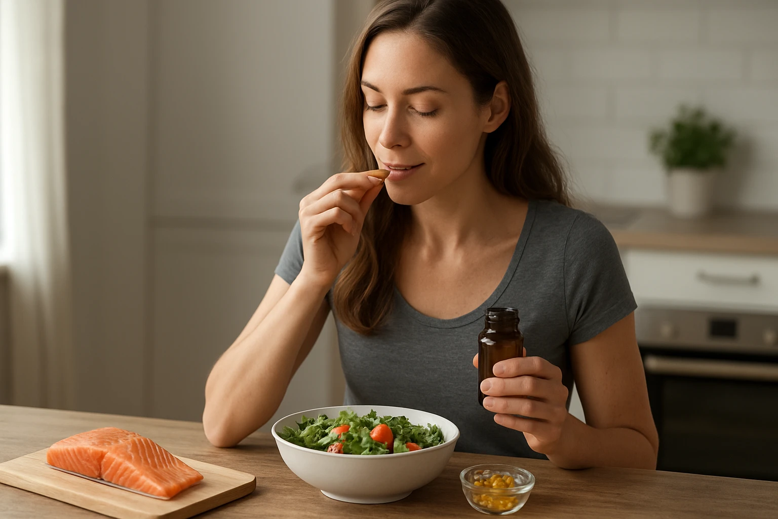 Žena vychutnávajúca si šalát a omega-3 doplnky pri zdravom jedle.