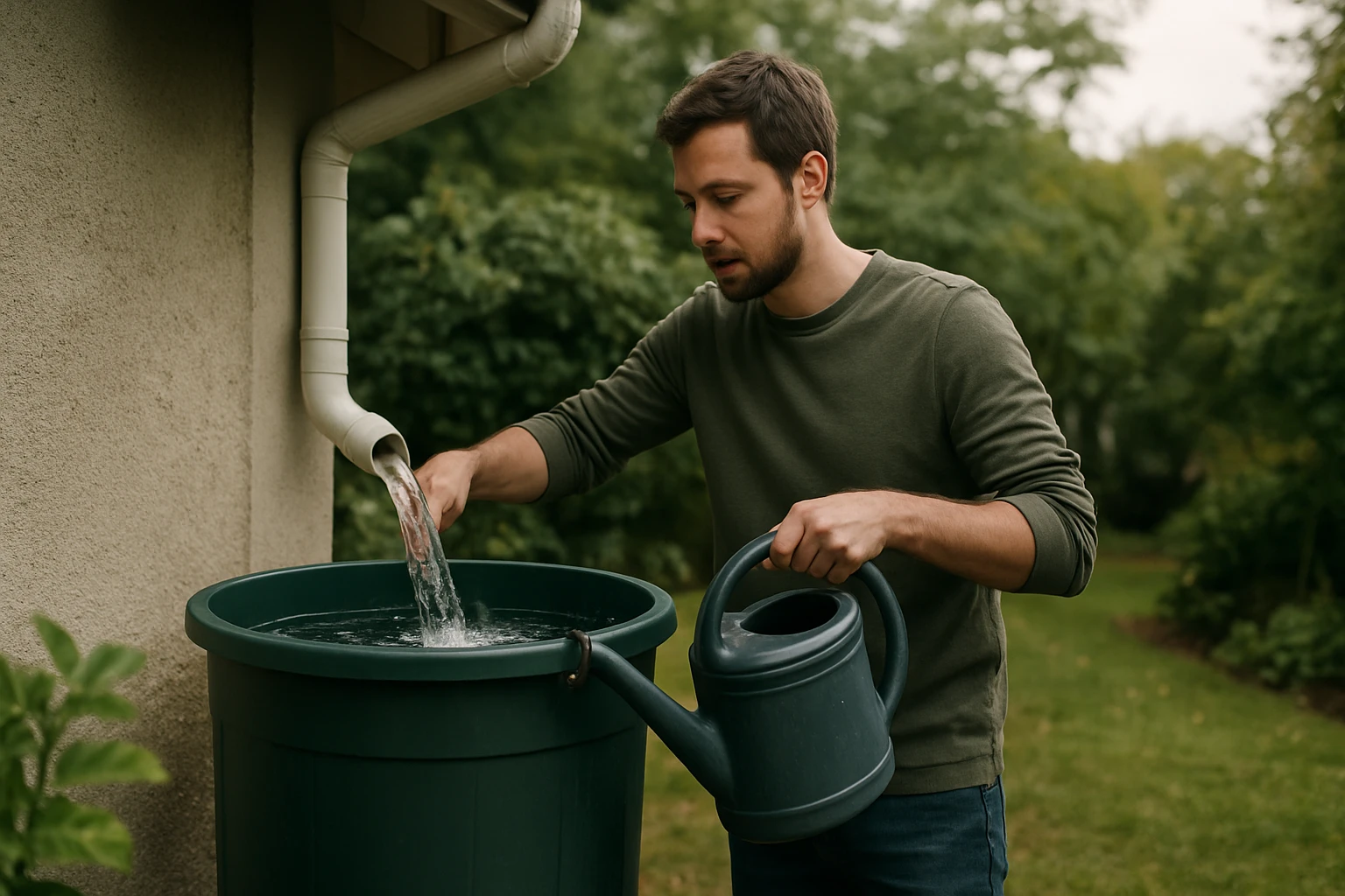 Muž zbiera dažďovú vodu do nádoby na vodu v záhrade.