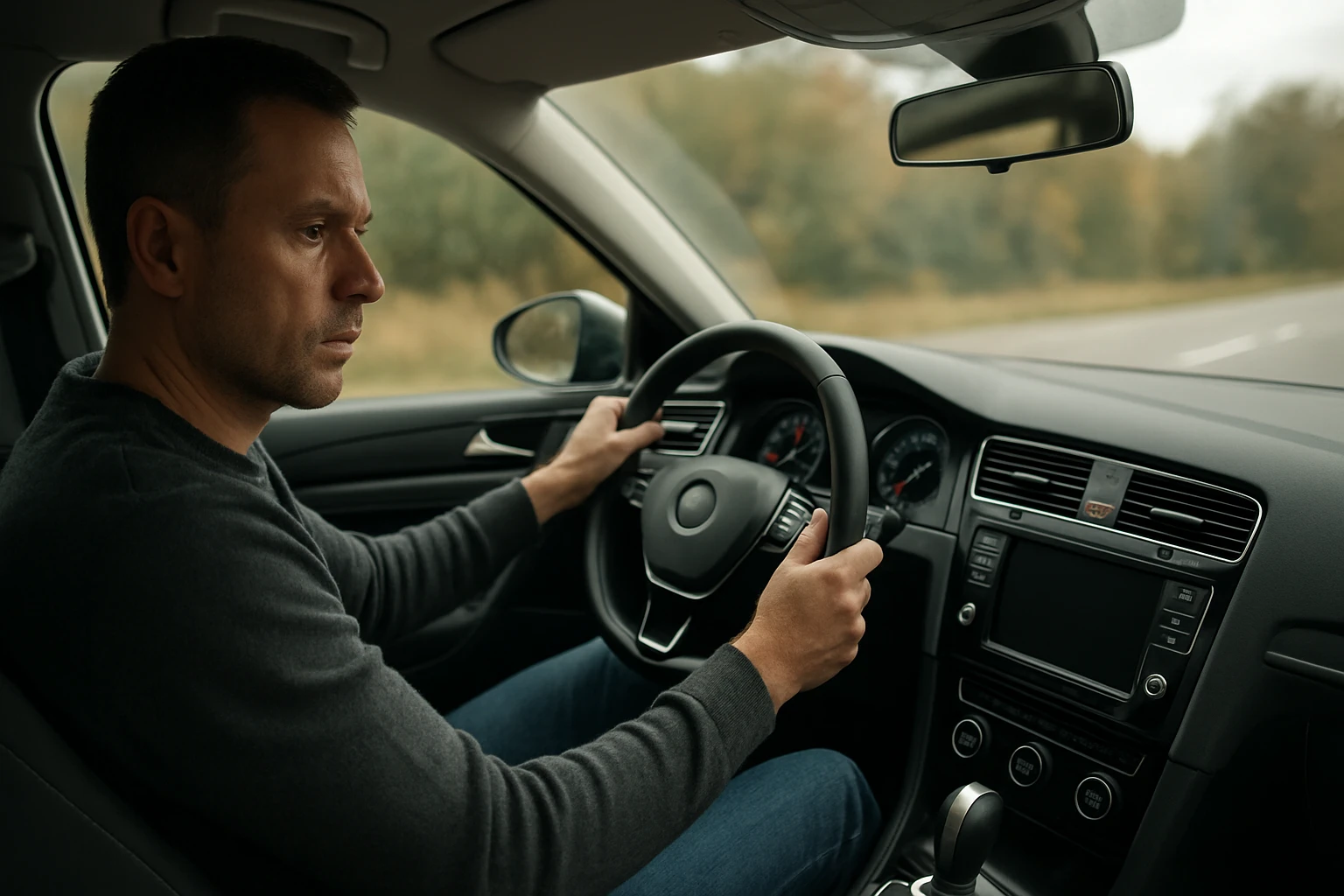 Muž za volantom automobilu s dôrazom na bezpečnú jazdu.